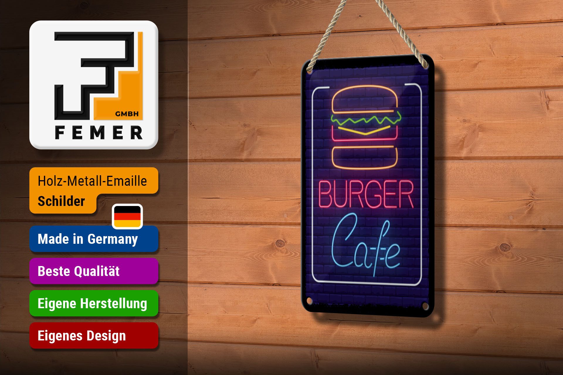 Femer GmbH Metallschild Hinweis 12x18 cm Burger Cafe Reklame, (1 St), gewölbte Oberfläche, abgerundete Ecken, umgeschlagene Kanten