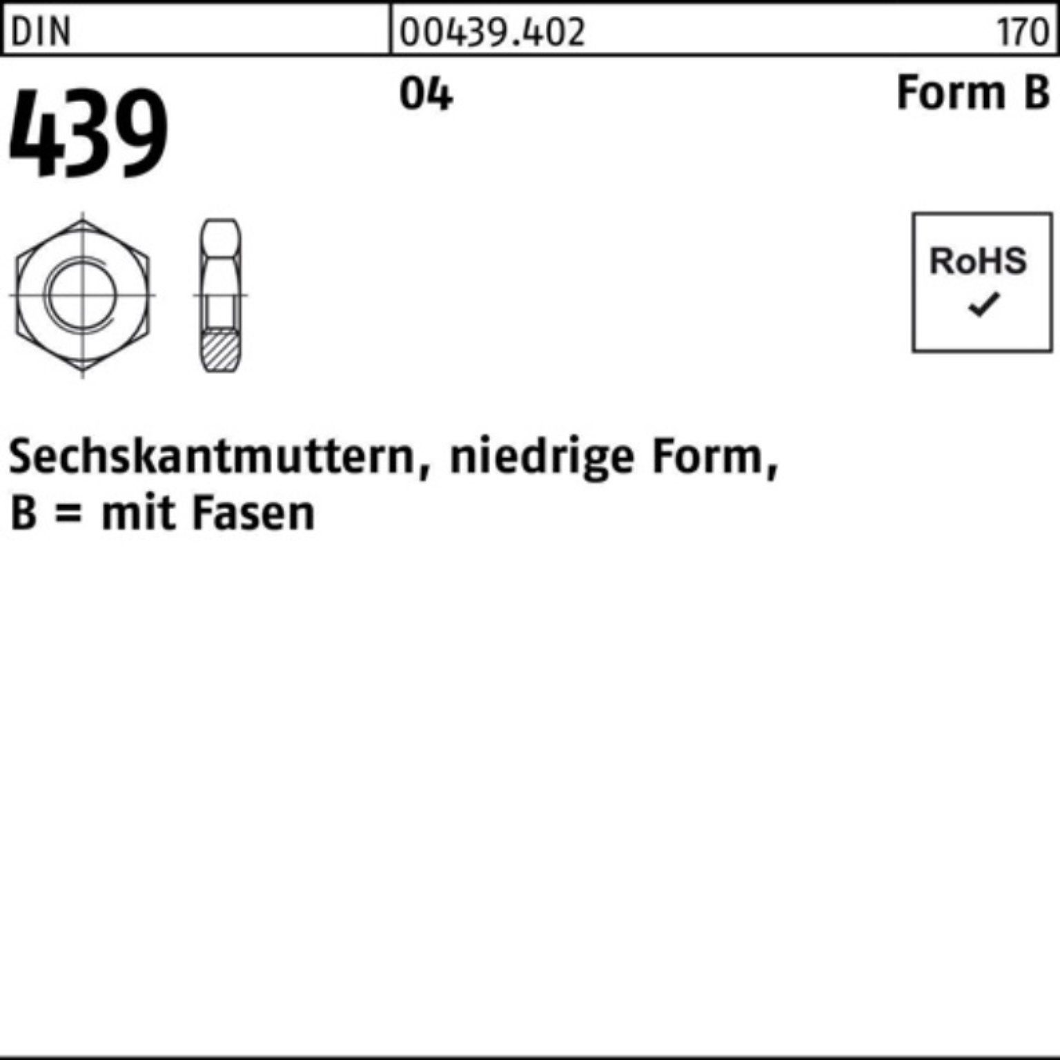 439/ISO Reyher 4035 FormB 100er Pack DIN Sechskantmutter Automatenstahl BM 42 Muttern