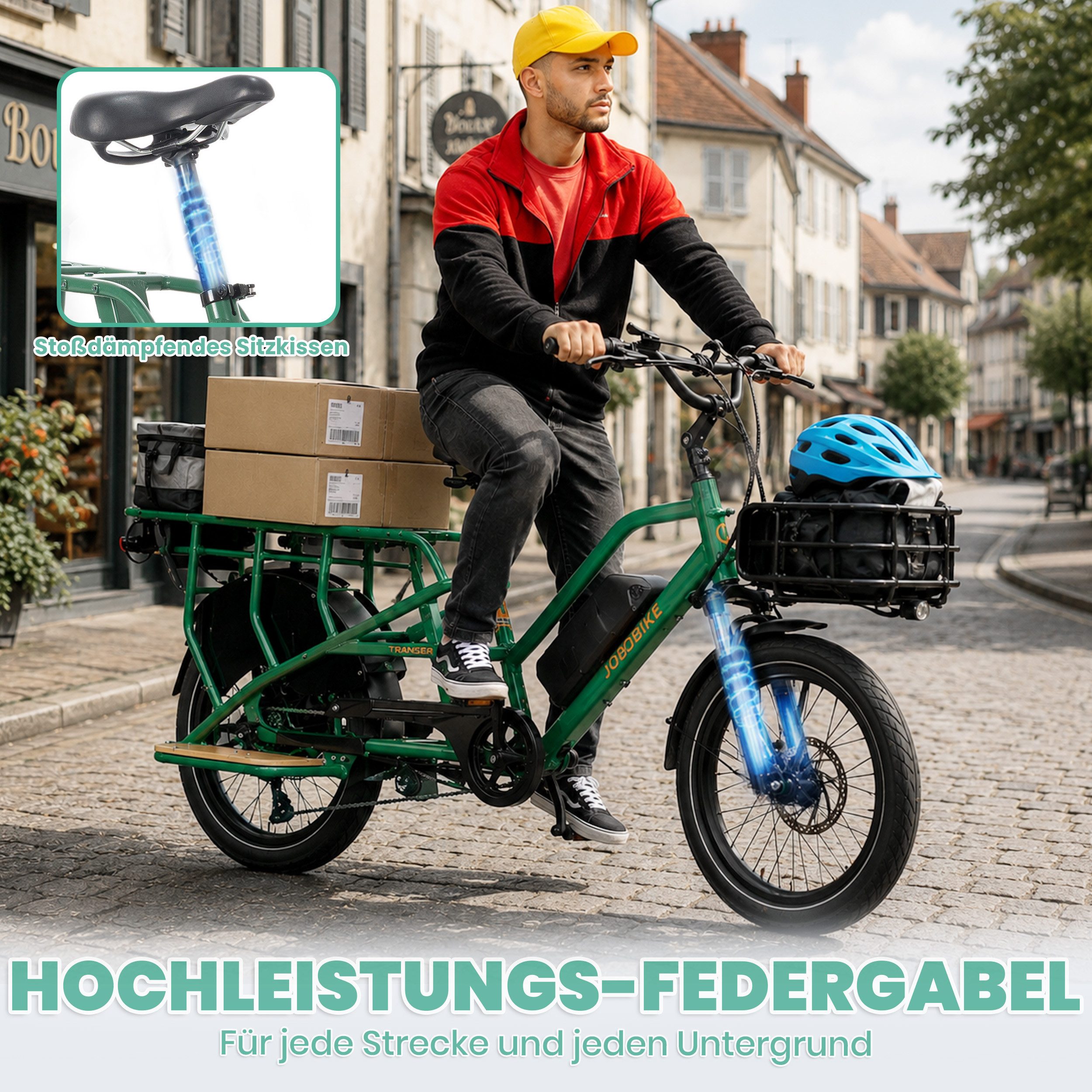 JOBOBIKE E-Bike Cargo 20 Zoll, 150 km, Longtail Lastenrad für Familie, Transport & Alltag, 7 Gang Shimano, Kettenschaltung, Heckmotor, 720 Wh, (Elektrofahrrad b – Bild 4 von 5