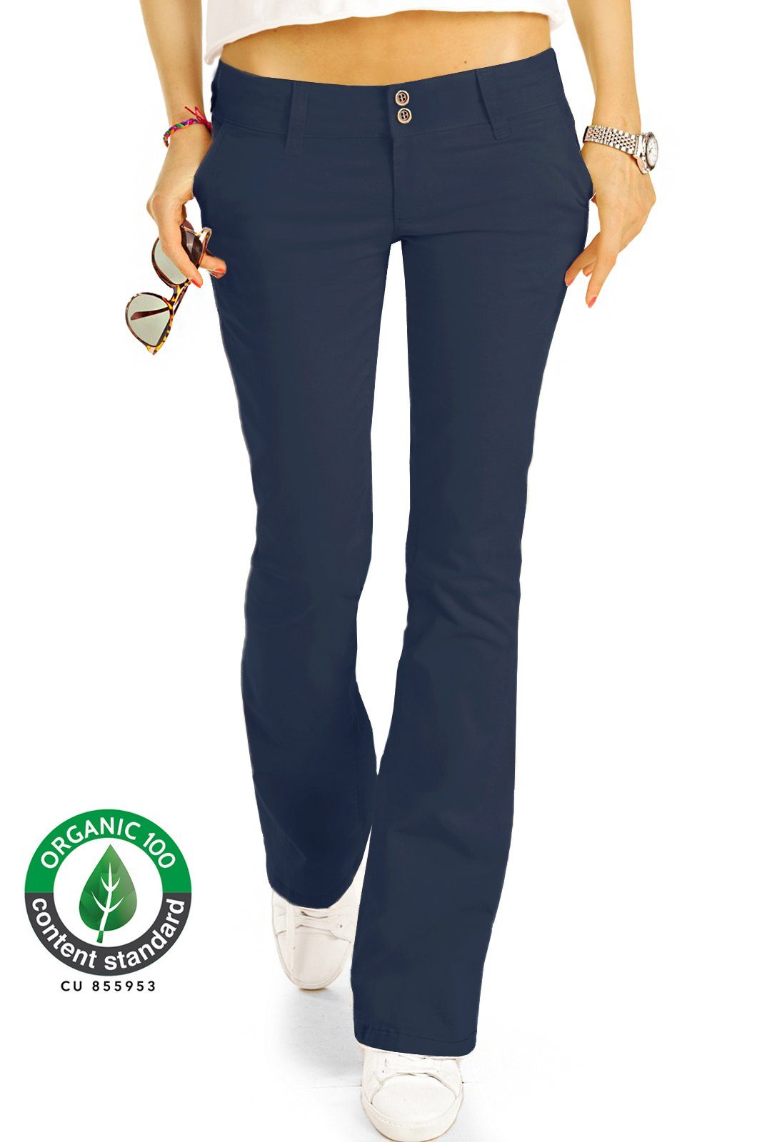 Stretch-Anteil, Fair Bio styled - Bio-Baumwolle Stoffhose mit Chinohosen schwarz Hüfthosen be Bootcut BIO-7 Damen