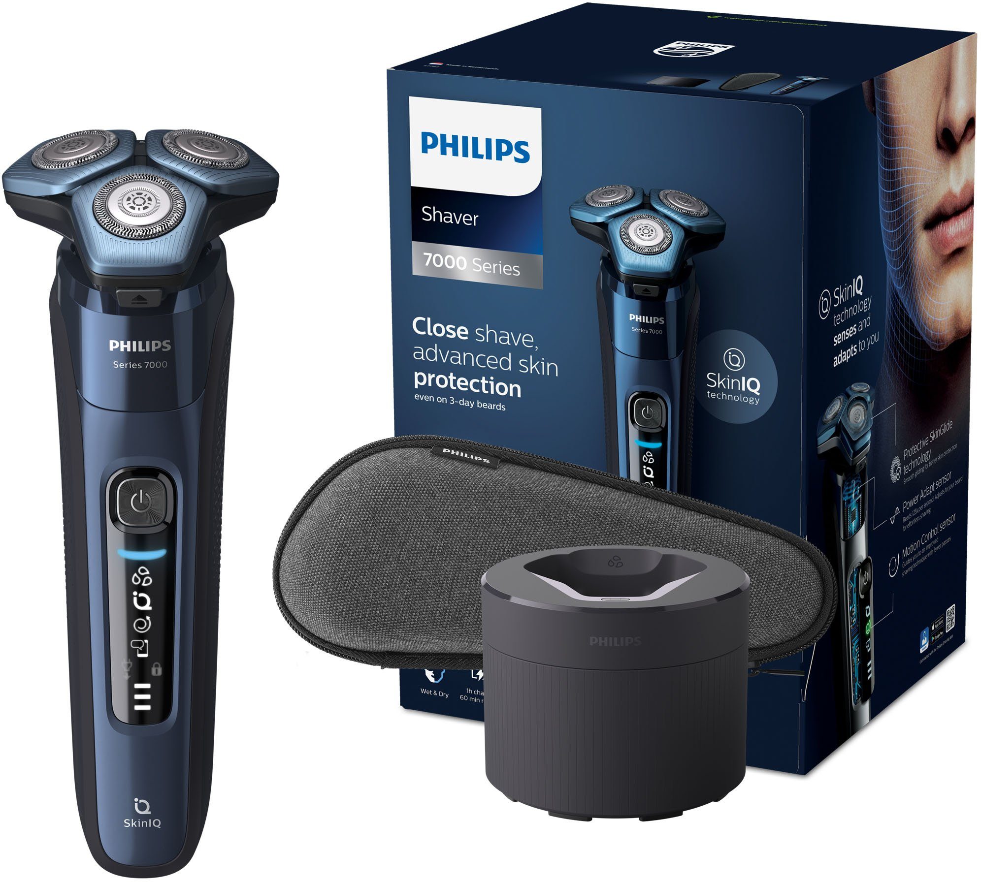 Philips Elektrorasierer Series 7000 S7782/50, Reinigungsstation, mit Skin  IQ Technologie, inkl. Ladestand und Etui, Verringert die Reibung auf der  Haut und minimiert somit Irritationen