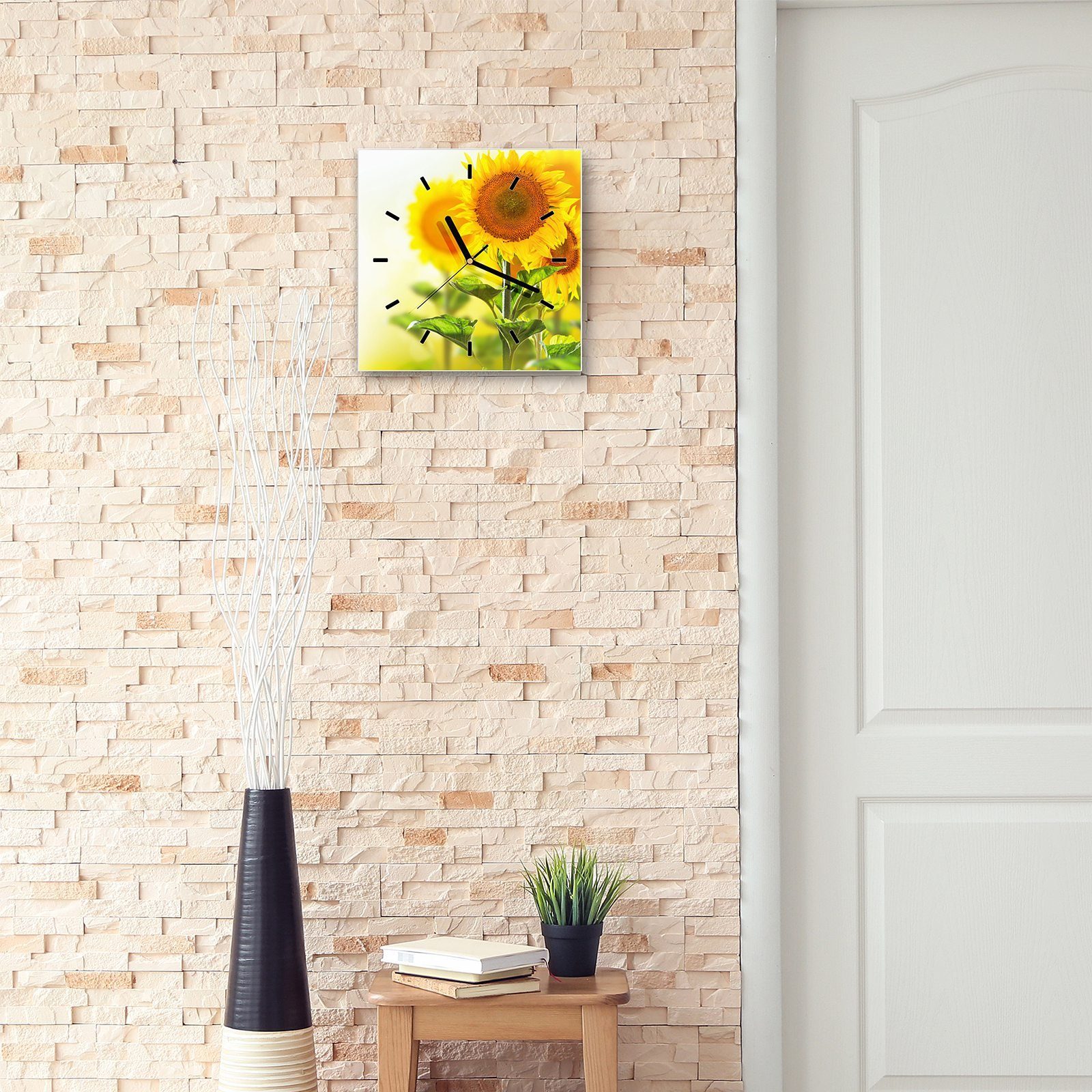 mit Wanduhr cm Primedeco Wandkunst Glasuhr Sonnenblumenzweige Wanduhr Motiv Größe 30 30 x