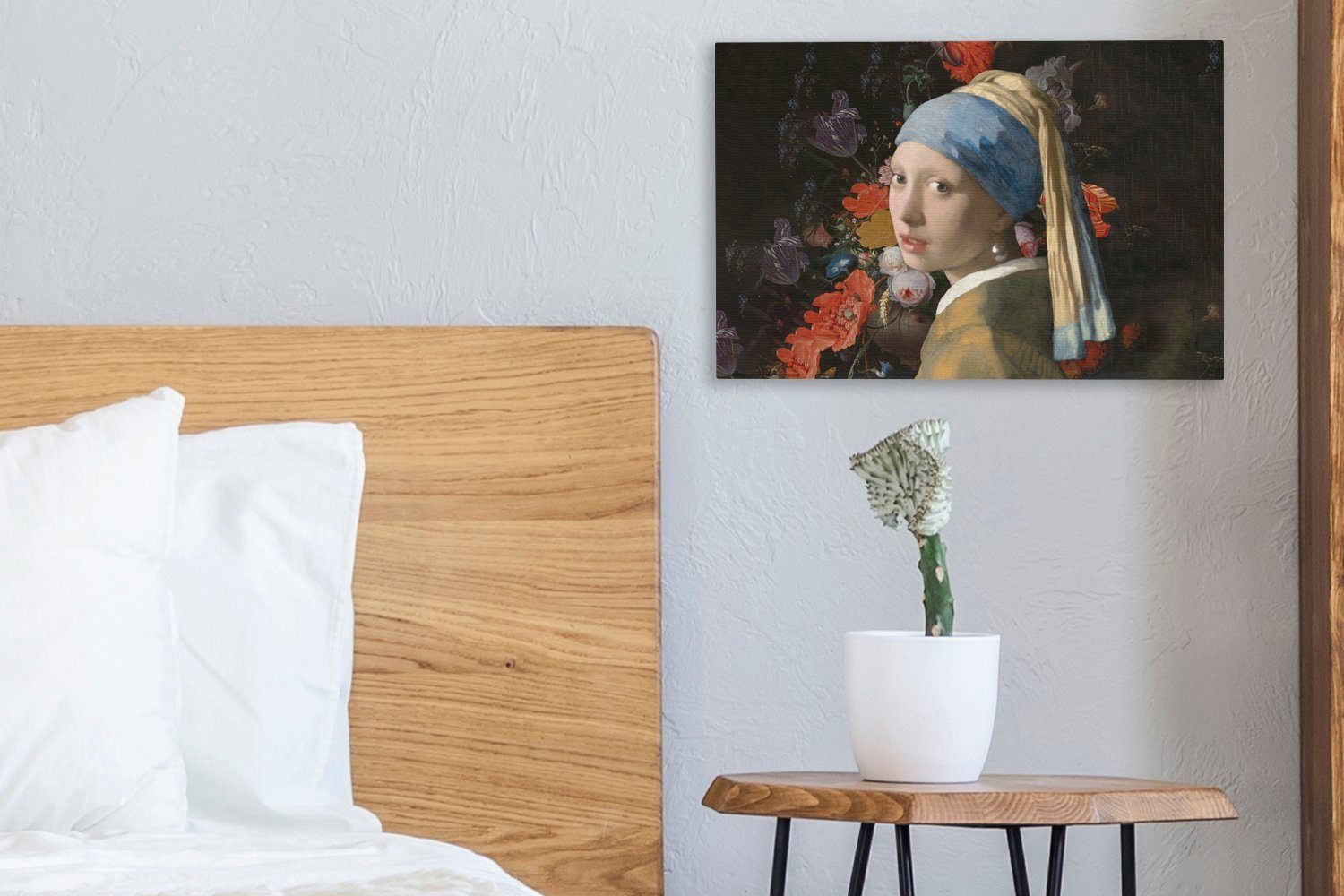 Leinwandbilder, dem (1 - St), Das Perlenohrring - cm Mädchen Blumen, OneMillionCanvasses® Gemälde Aufhängefertig, Wanddeko, Wandbild mit Vermeer 30x20