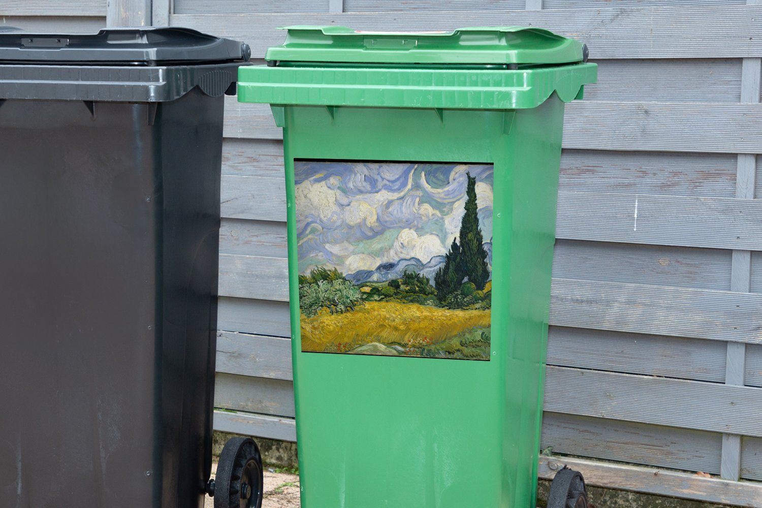 MuchoWow Wandsticker Weizenfeld Sticker, mit Abfalbehälter Gogh van - Vincent Mülleimer-aufkleber, Mülltonne, Container, (1 Zypressen St)