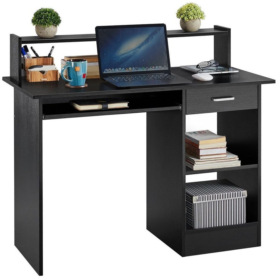yaheetech computertisch, schreibtisch bürotisch laptoptisch gamingtisch mit  1 ausziehbarer tastaturablage & 1 schublade & 1 monitorständer & 2 offenen