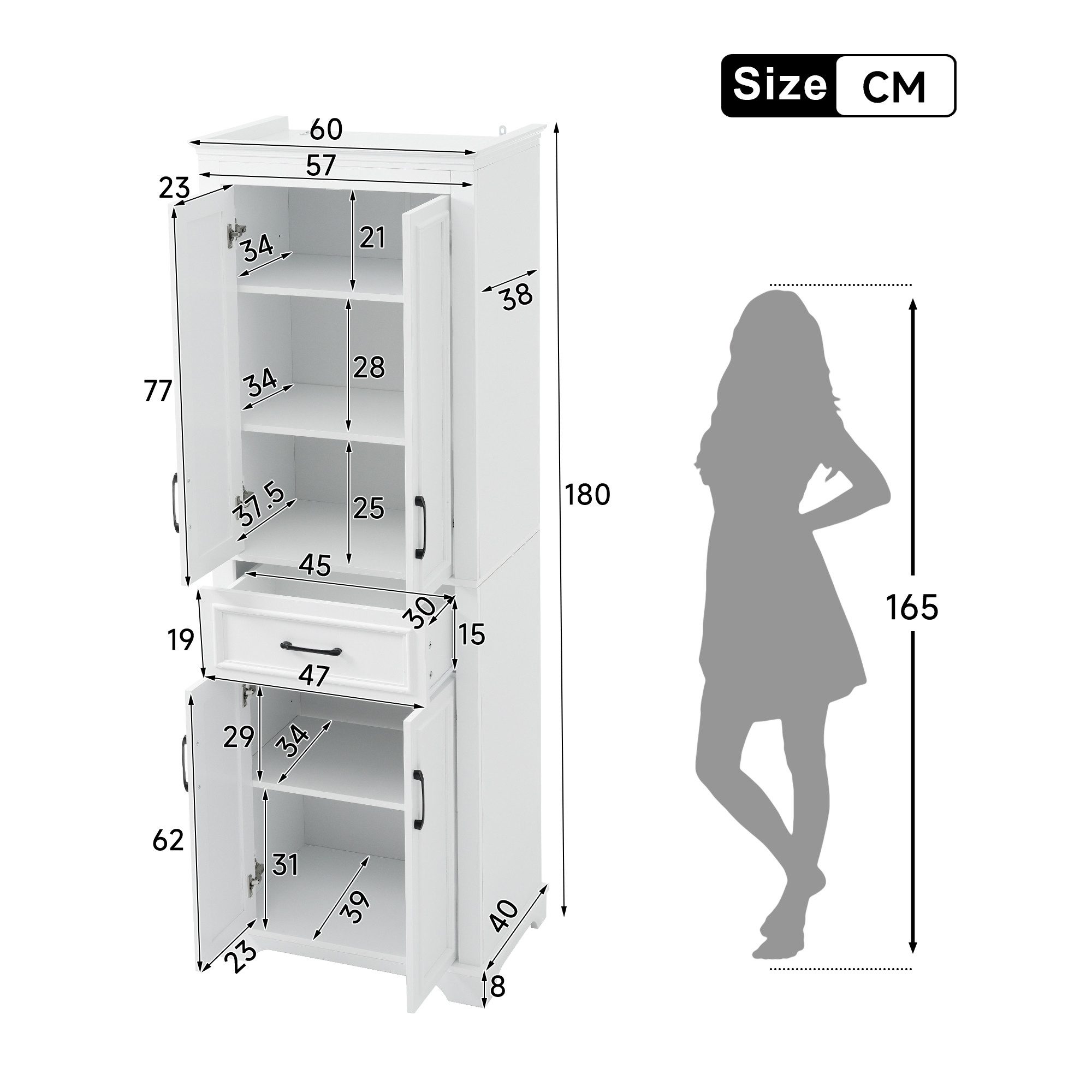 Flieks Badkommode Badezimmerschrank mit Schubladen und verstellbaren Einlegeböden (60x40x180 cm, 1 St), Hochschrank Mehrzweckschrank mit Soft-Close-Funktion Wei – Bild 5 von 5