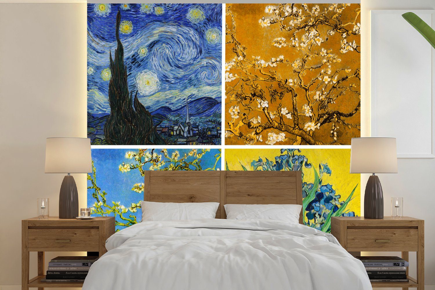 MuchoWow Fototapete Van Gogh - Sternennacht - Collage, Matt, bedruckt, (4 St), Vliestapete für Wohnzimmer Schlafzimmer Küche, Fototapete