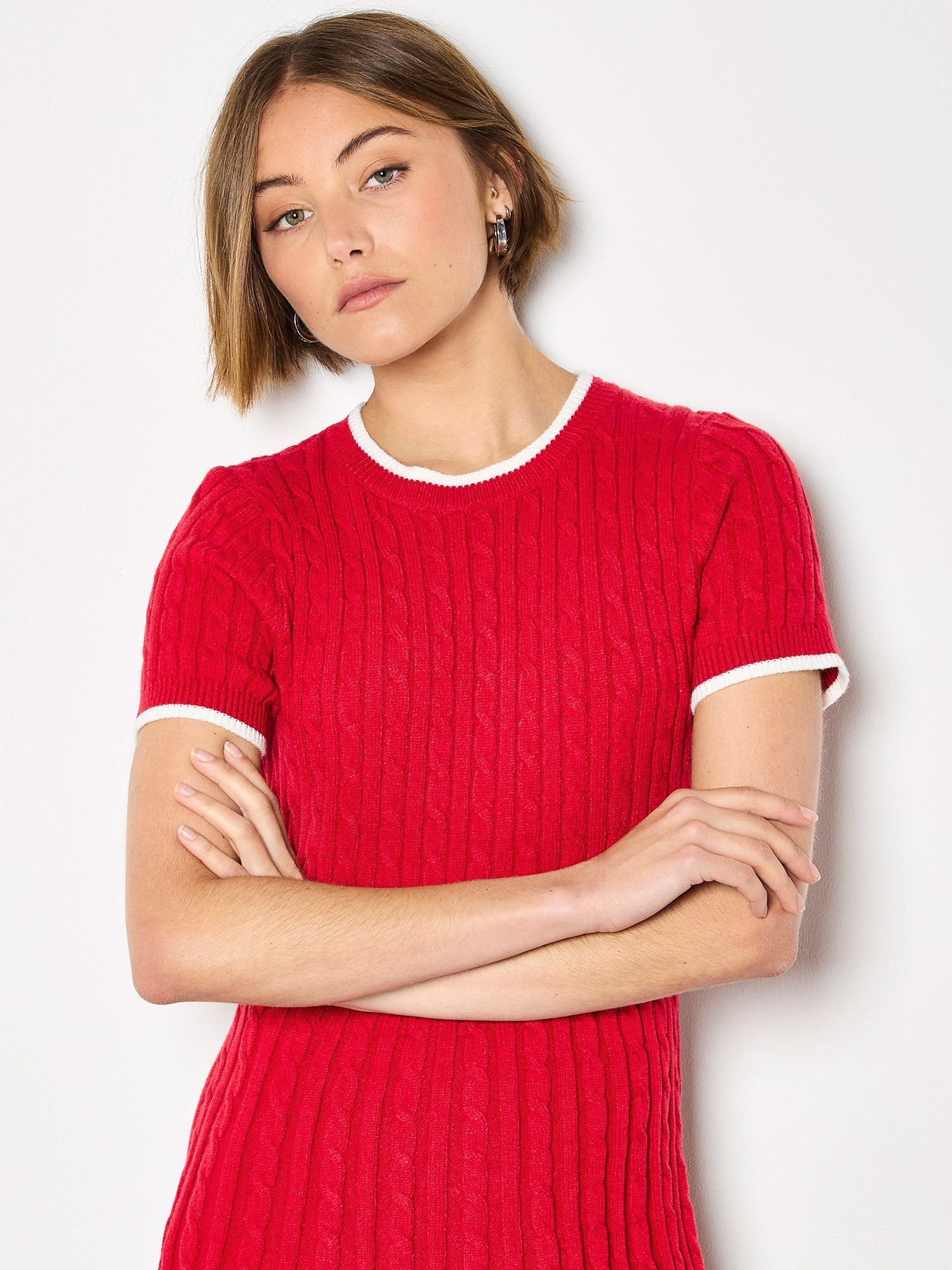 Apricot Strickkleid Skater-Minikleid mit Zopfmuster