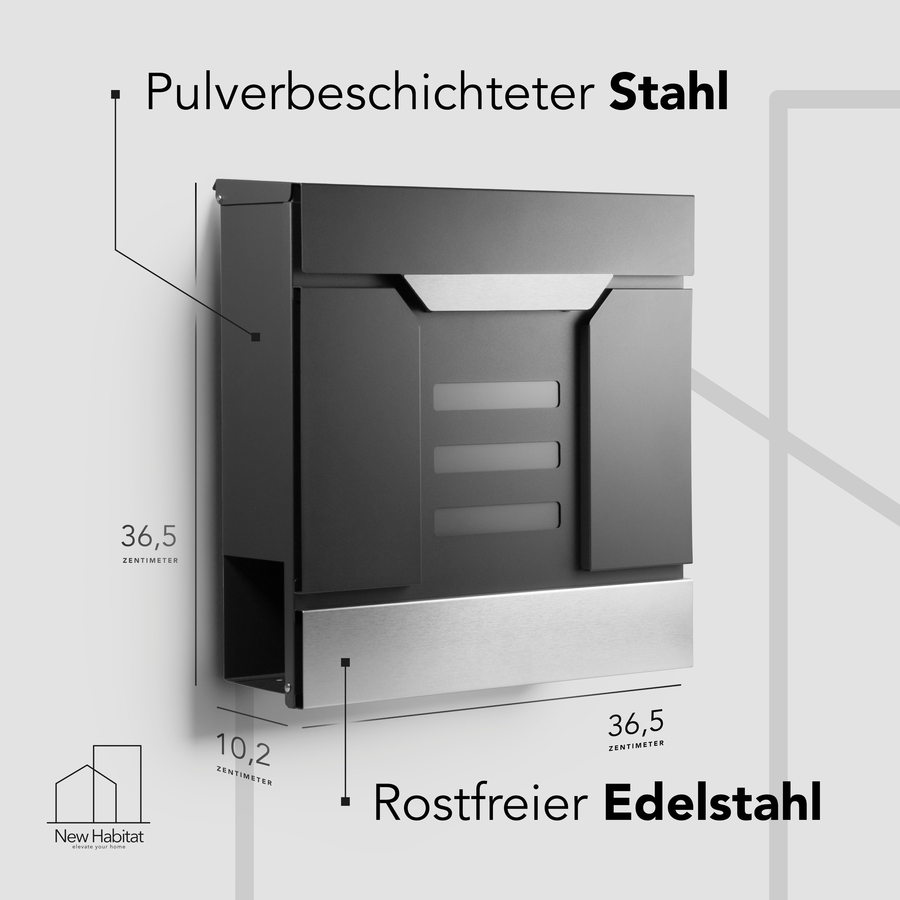 NewHabitat Briefkasten Moderner Wandbriefkasten Personalisierbar Anthrazit RAL7016 (Komplettset, Modell: Mailand), Rostfrei