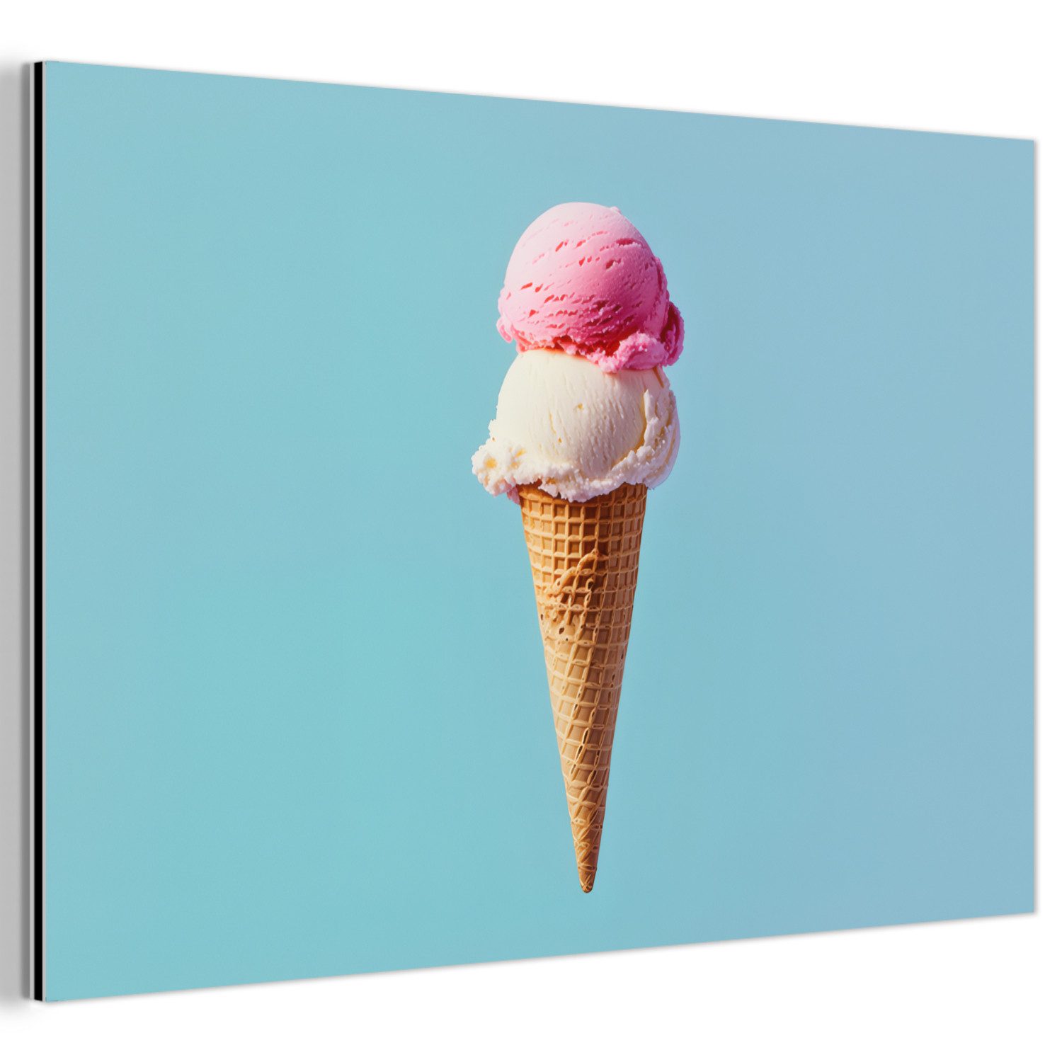 MuchoWow Metallbild Schaufel Eiscreme - Kegel - Blau, Inkl. Aufhängung, Metallbild, Aluminium dekoration, Wandbild Industriell, 120x80 cm