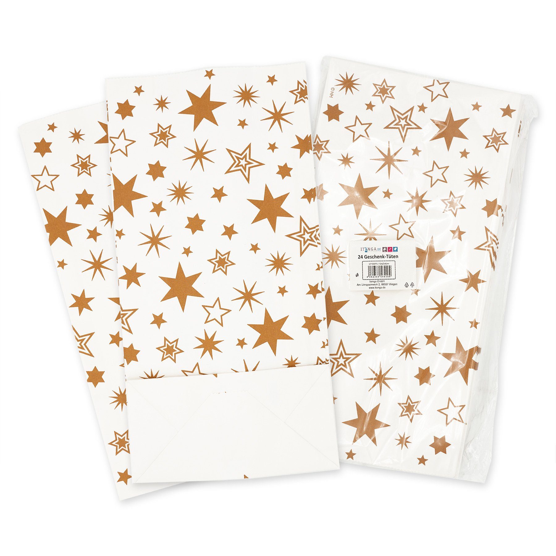 itenga Geschenkpapier itenga 24er Bodenbeutel Sternen mit 12x23x6cm Set goldenen weiß 