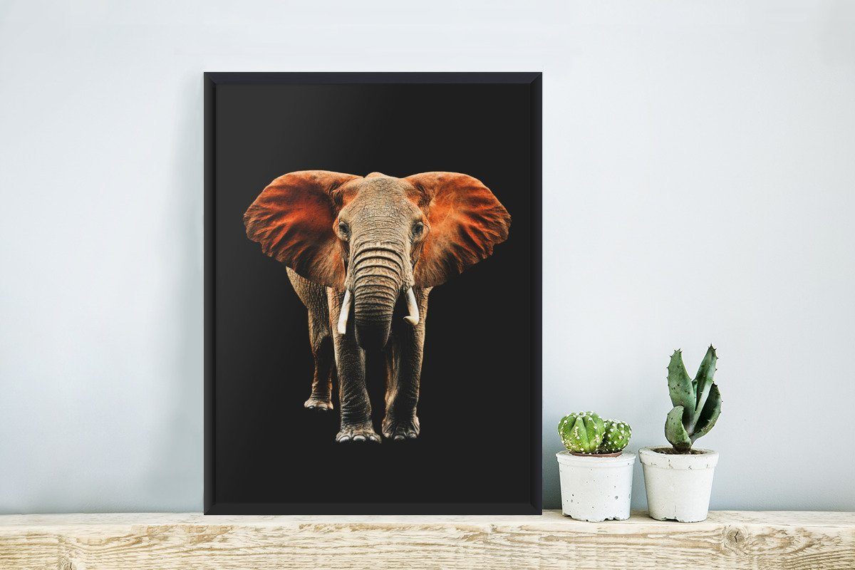 MuchoWow Poster Poster, Schwarz Schwarzem (1 Wanddeko, Orange, Bilder, St), - Elefant Gerahmtes Bilderrahmen Wandposter, 