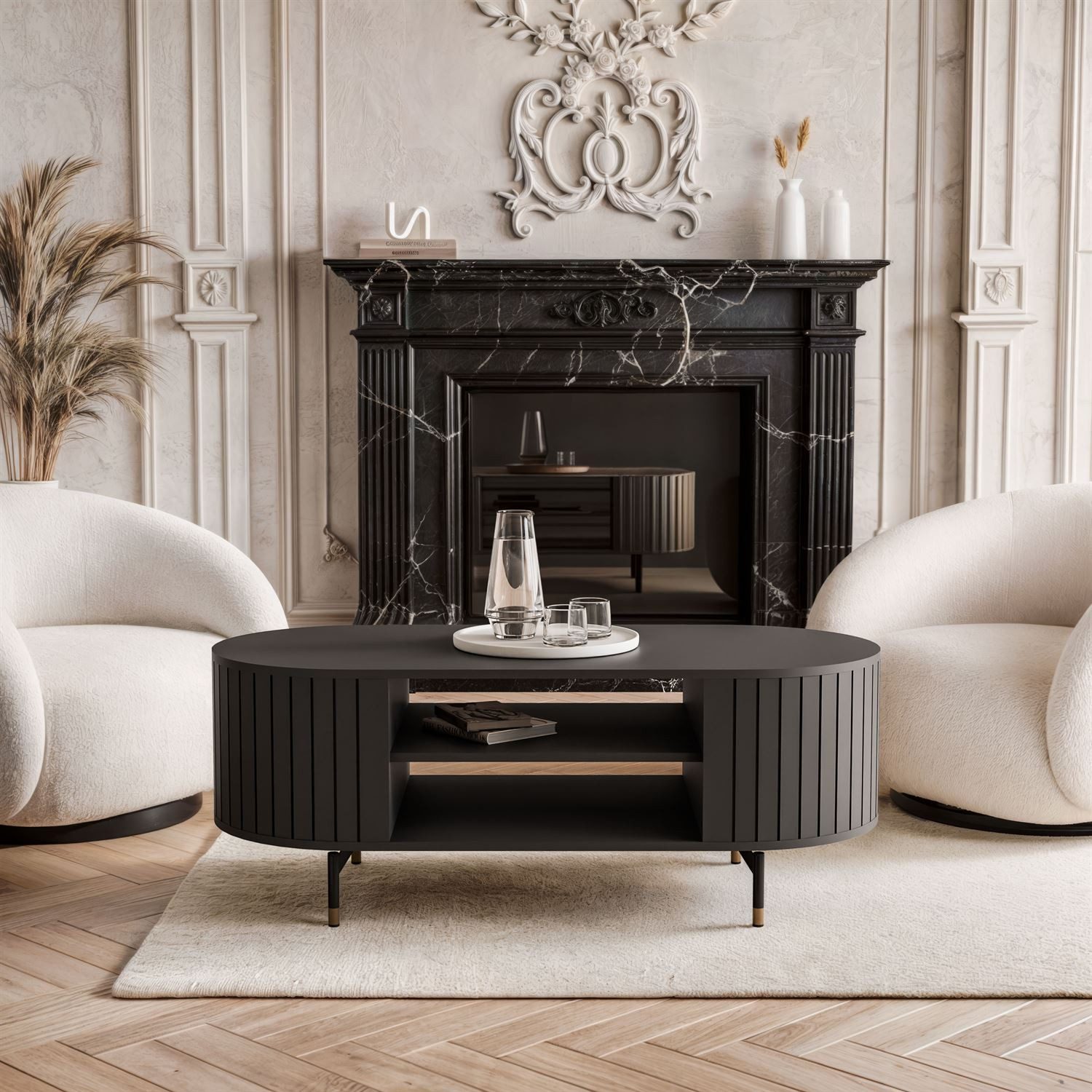 yourhouse24 Couchtisch ELODIE oval, Geriffelt, Ablagefläche, Schwarz/Kaschm günstig online kaufen