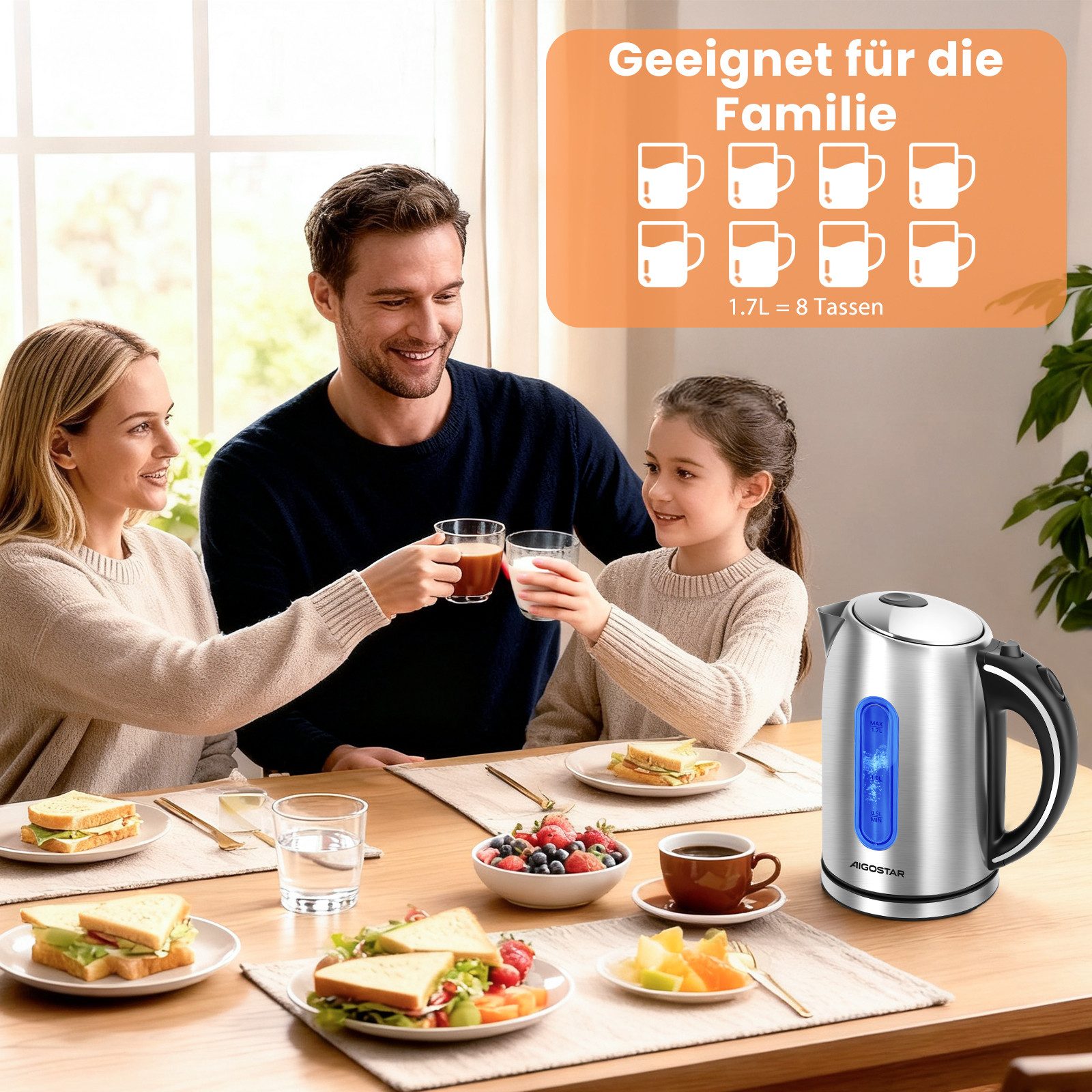 Aigostar Wasserkocher Edelstahl Wasserkocher 1,7L, 2200W, mit Kalkfilter, LED Beleuchtung, 1.7 l, 2200,00 W, Mit Wasserstandsanzeige, Schnelles Kochen, Abschalt – Bild 4 von 5
