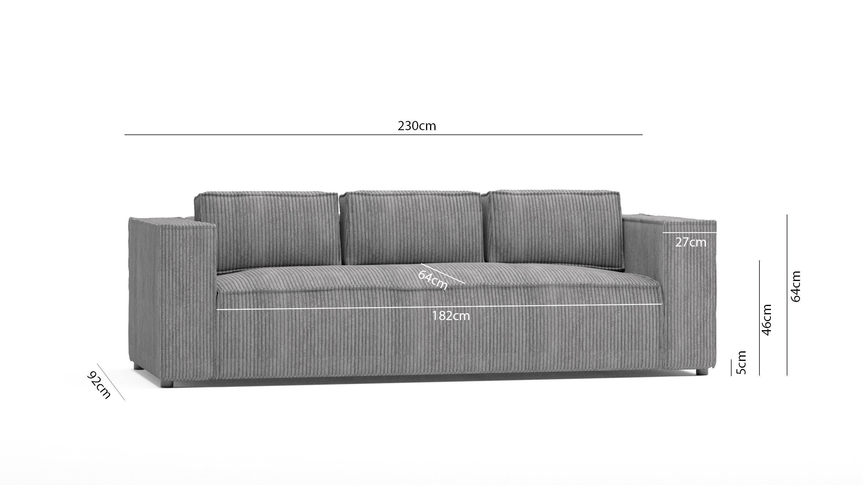 S-Style Möbel 3-Sitzer Hellgrau Renne, sofa 1 Wellenfederung Cord Teile, mit