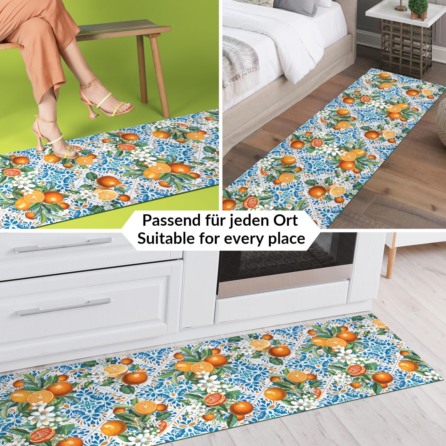 ANRO Küchenläufer GreenLine Teppichläufer Textil, Rechteckig, Höhe: 3 mm, Bodenläufer 100cm Orange Blau pflegeleicht