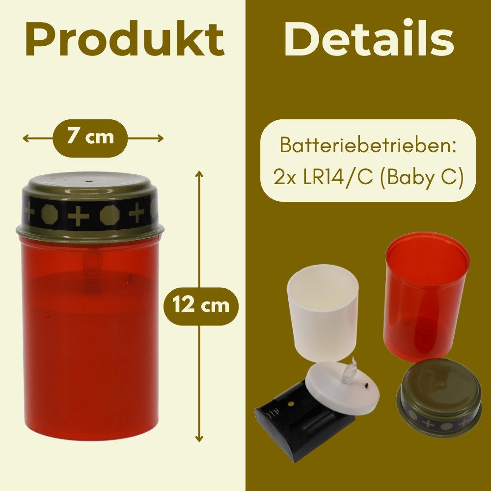GarPet LED-Kerze 2er Grablichter LED Batteriebetrieben Set Grabkerzen LED Flackernd Rot – Bild 2 von 5