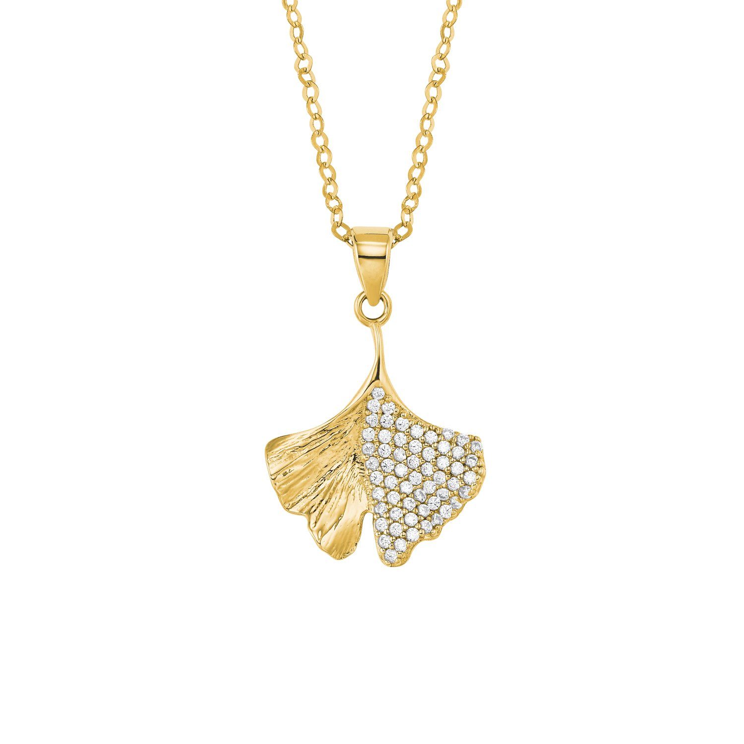 Amor Goldkette für Damen, Gold 585, Zirkonia synth., Ginkgoblatt (2-tlg., Kette mit Anhänger)