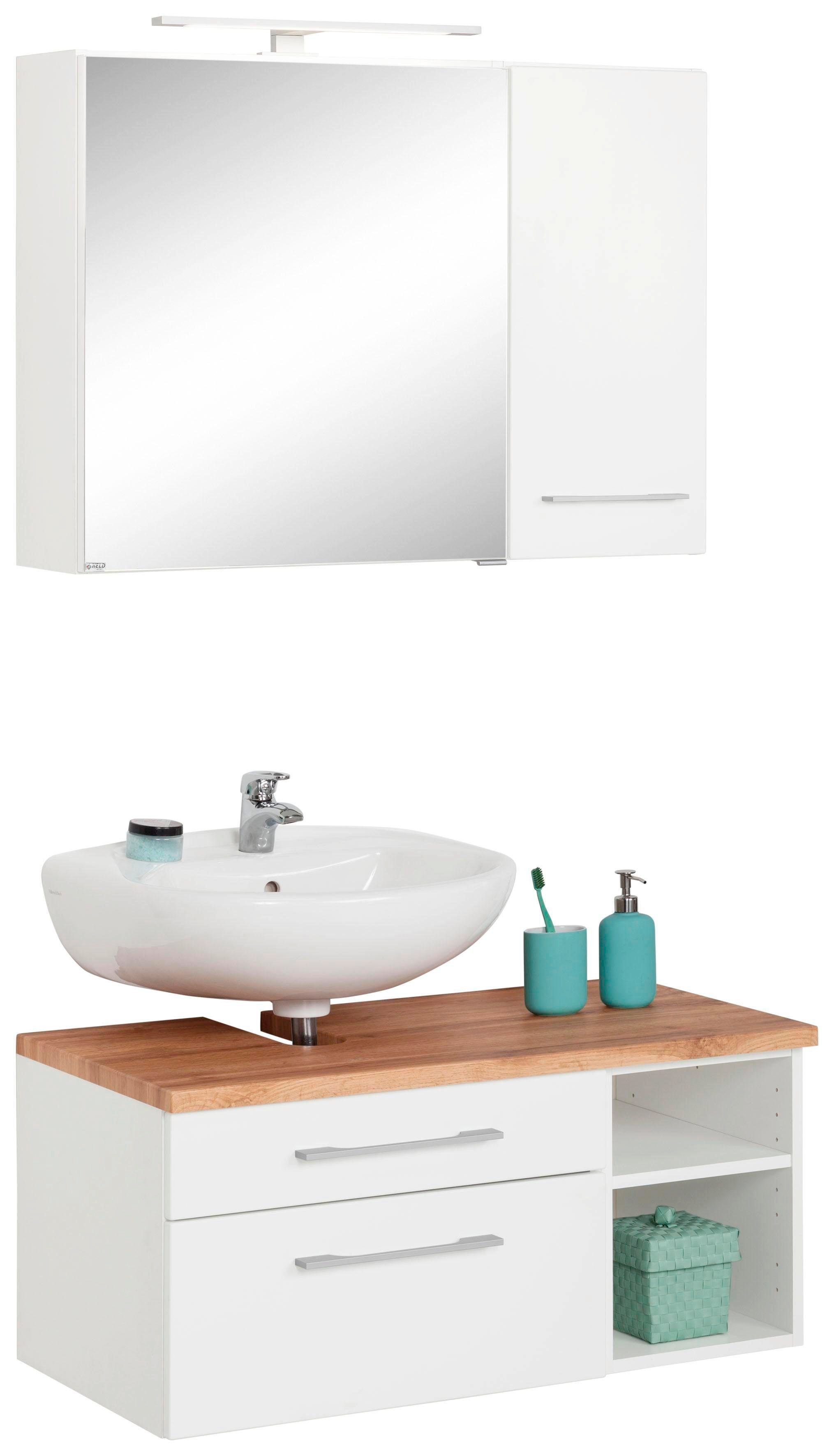 welltime Badmöbel-Set Davos, (3-St), mit LED-Beleuchtung, Hängeschrank und Waschbeckenunterschrank