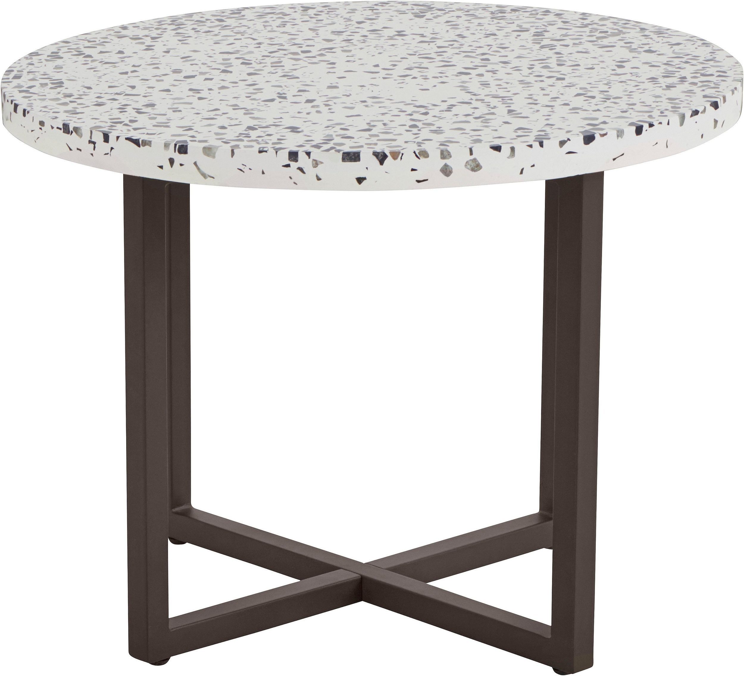 loft24 Beistelltisch Stanley, Wohnzimmertisch rund, Terrazzo Tischplatte weiß, Metallgestell