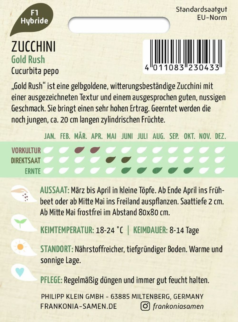 FRANKONIA Gemüsesamen Zucchini, Gold Rush F1 - Saatgut Zucchini-Samen Samen, Cucurbita pepo
