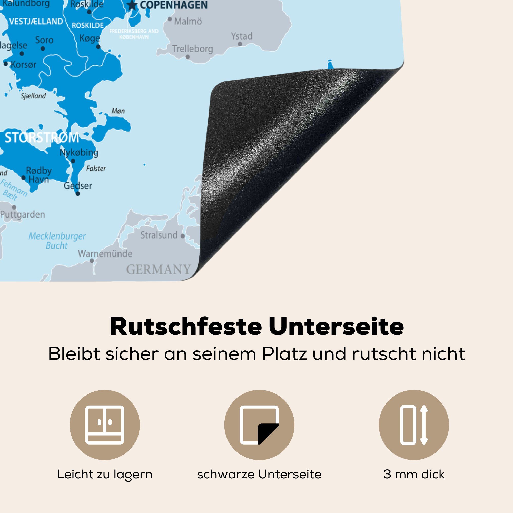 MuchoWow Herdblende-/Abdeckplatte Illustration einer blauen Vinyl, tlg), (1 Arbeitsfläche Mobile Dänemark cm, nutzbar, einer Ceranfeldabdeckung mit von Karte 60x52 Flagge