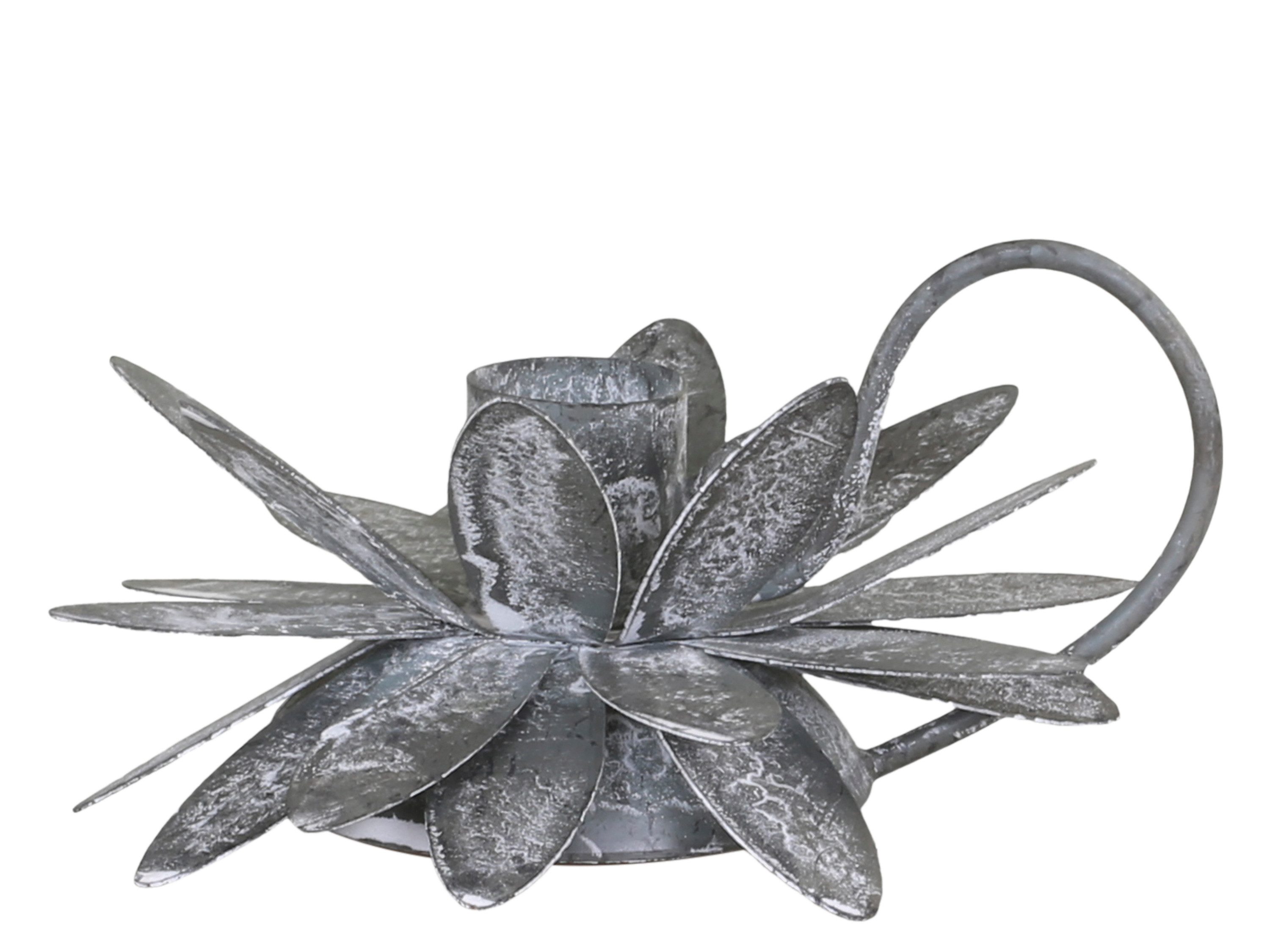 Chic Antique Kerzenständer Romantischer Kerzenhalter Metall Zink Blüten Deko Grau, Romantischer Kerzenhalter mit filigranen Blüten