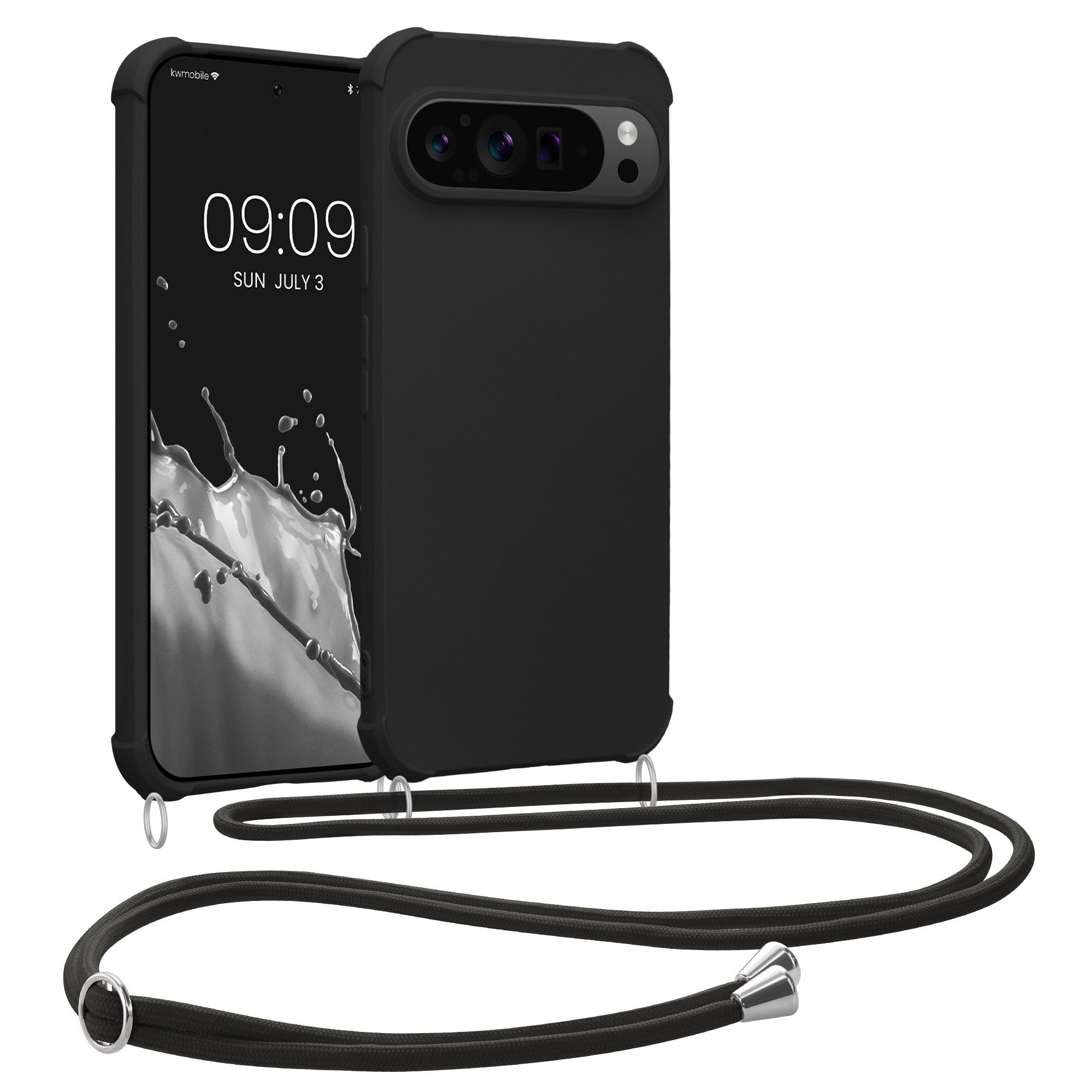 kwmobile Etui Hülle für Google Pixel 9 Pro XL, mit Metall Kette zum Umhängen - Silikon Handy Cover Case Schutzhülle