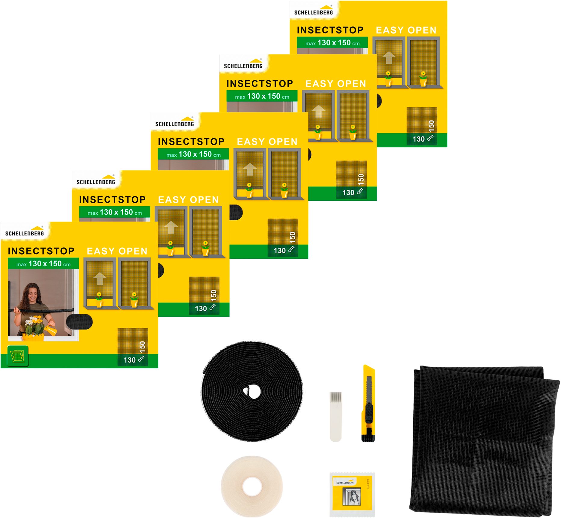 SCHELLENBERG Fliegengitter-Gewebe Simply Open aufrollbar für Fenster, 3-er Pack, (Set, 5-St), Klebe-Klett-Montage, 130 x 150 cm, anthrazit