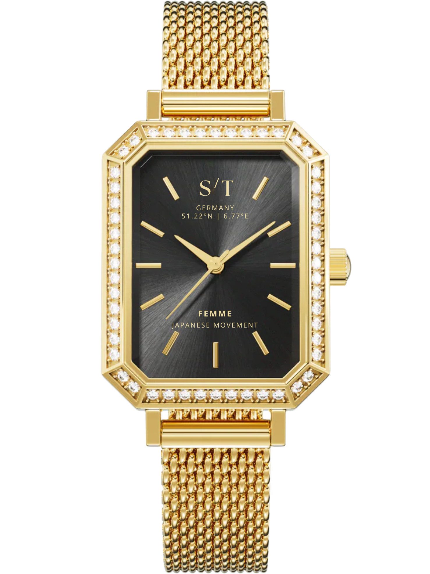 S&T Design Quarzuhr Damen Armbanduhr Edelstahl Diamant Damenuhr S/T FEMME, (Packung, Mit Mesh Armband und Armbandkürzer), 5 ATM Wasserdicht Japanisches Uhrwerk Rechteckig Mesh Armband