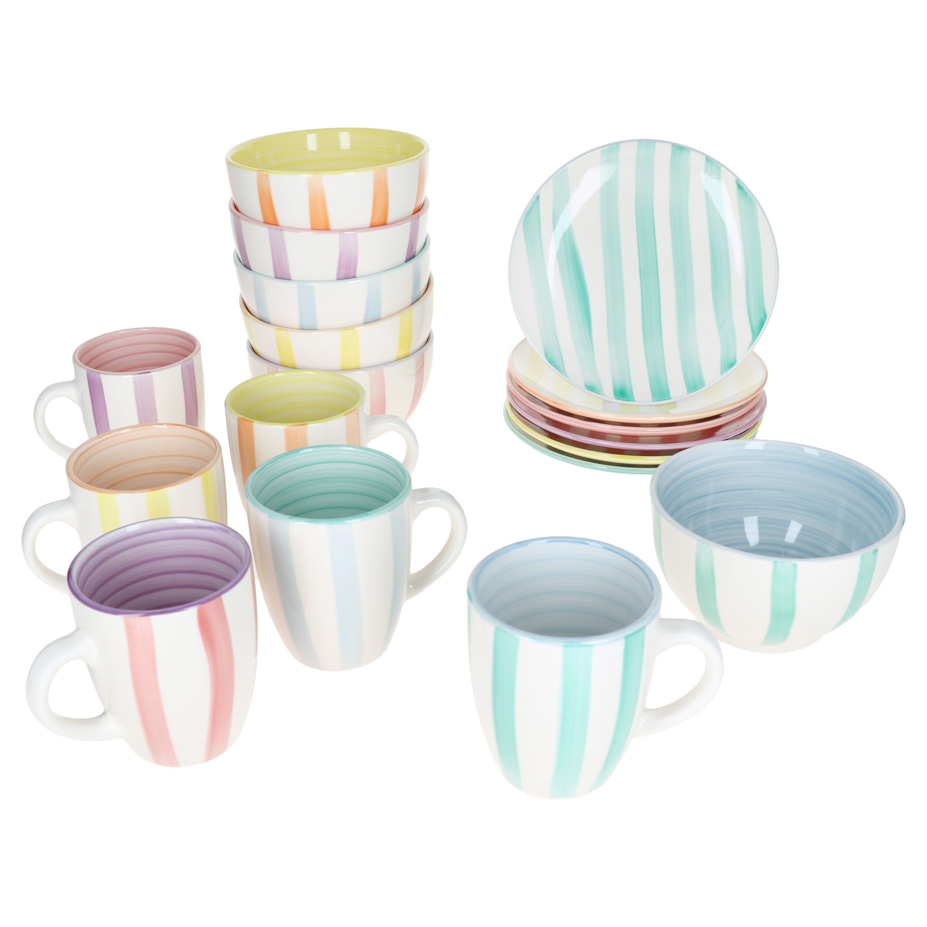 Frühstücks-Geschirrset Beach Pastello Stripes 18tlg Frühstücksset Steingut 6 Personen