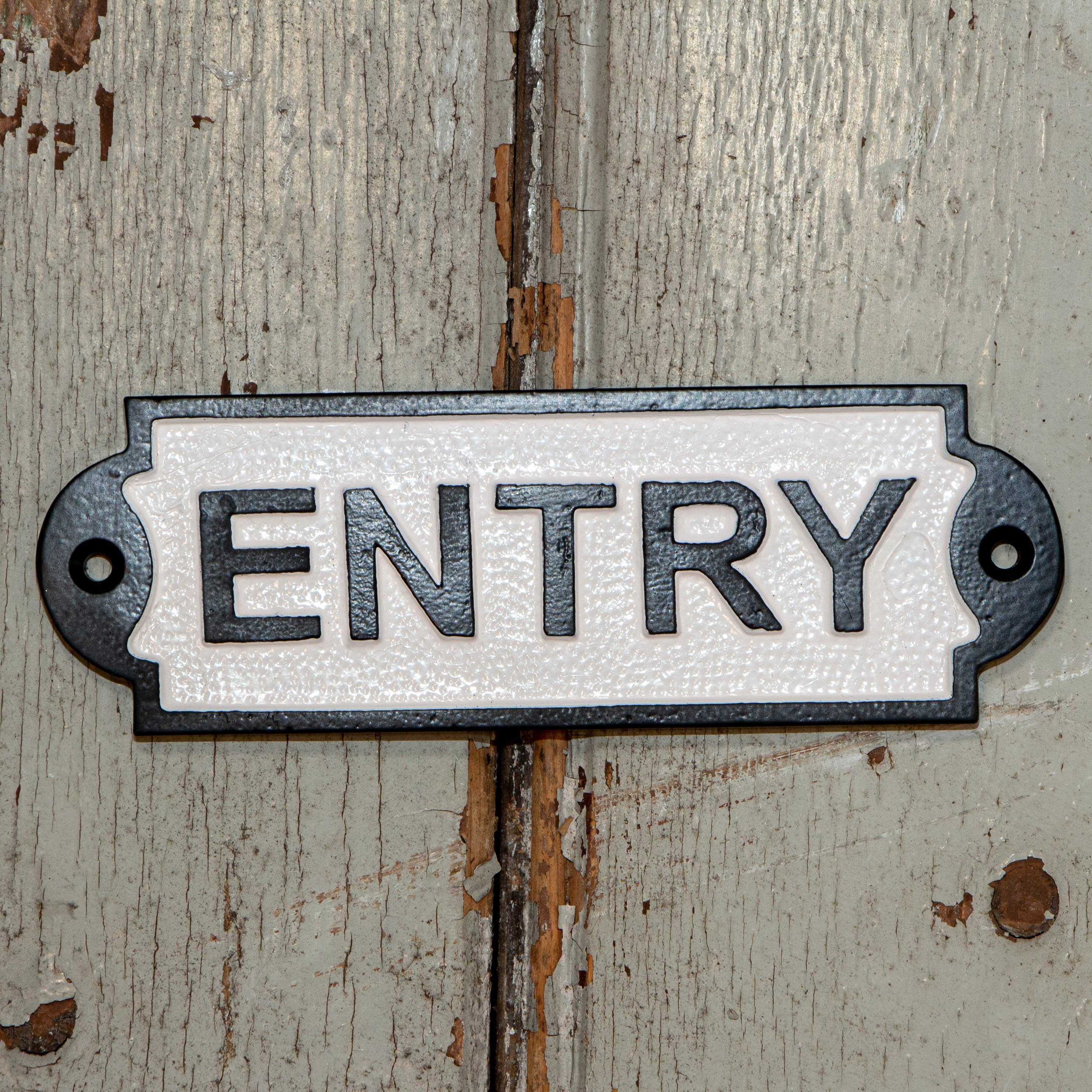 Antikas Wanddekoobjekt Schild Eisen Gusseisen "Entry" Eingang Türschild