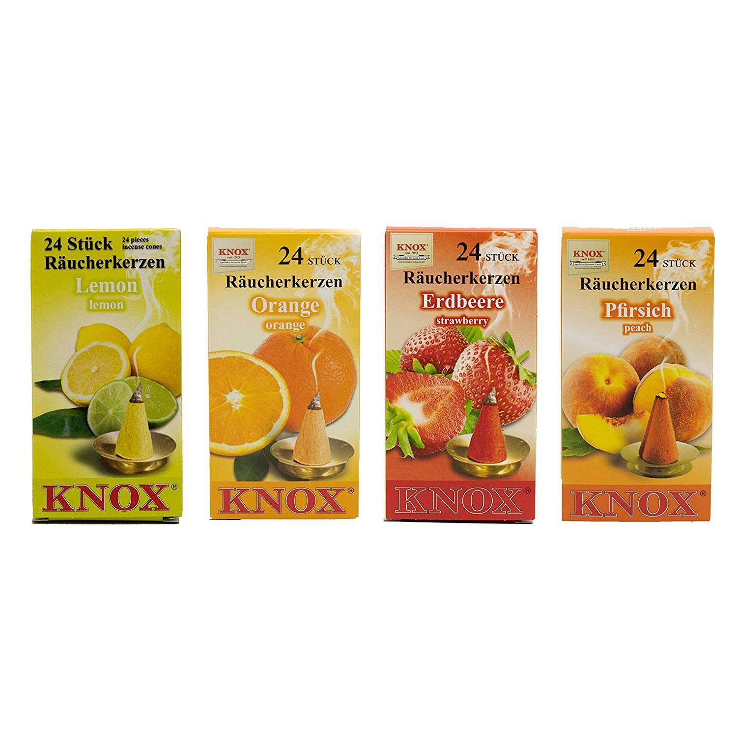 KNOX Duftkerze 078600, 4er Set Erdbeere / Pfirsich / Orange / Lemon, Räucherkerzen - Made in Germany