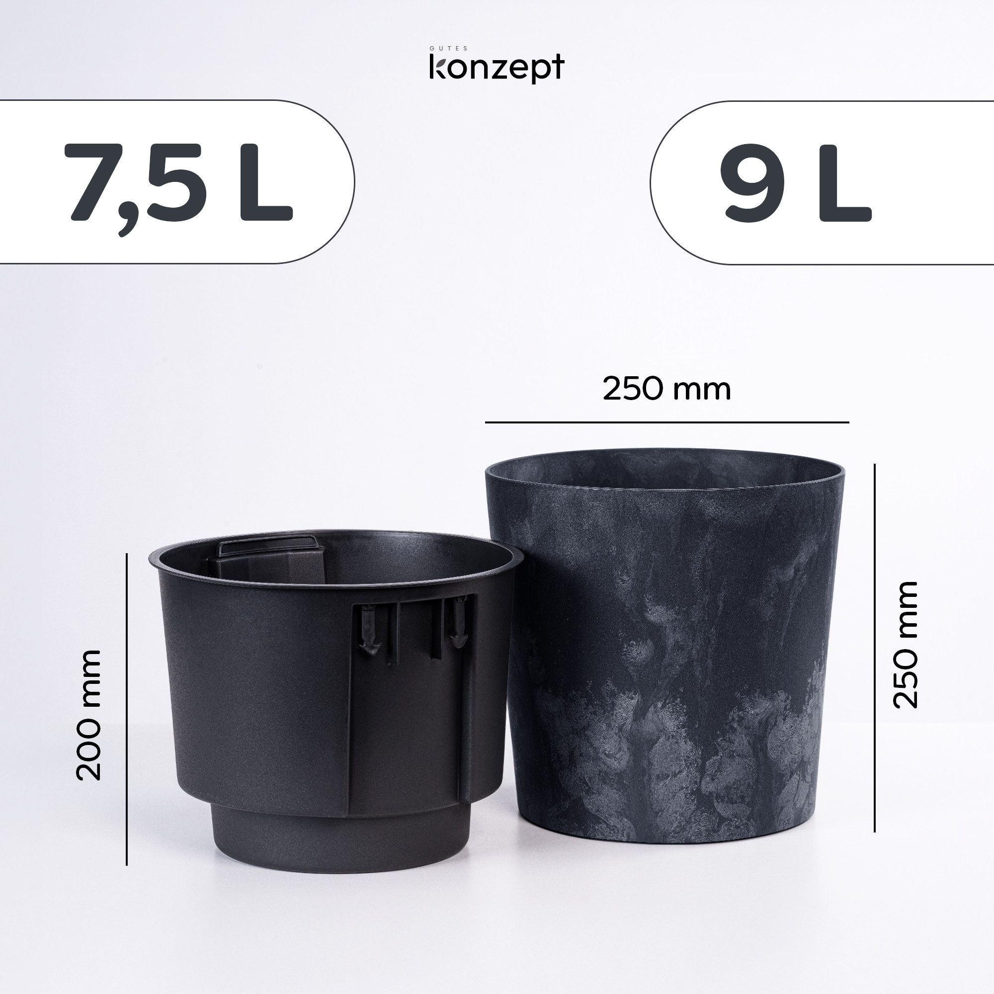 KONZEPT Blumentopf Ø 25 cm mit Einsatz aus Kunststoff in Beton-Optik, Drainagesystem, Indoor, Outdoor, UV-beständig