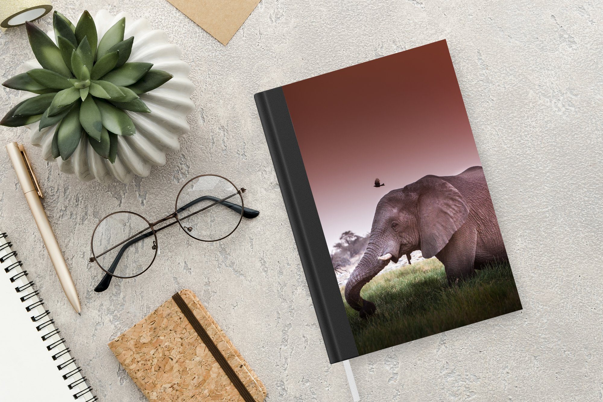 Sonne Tagebuch, Elefant - MuchoWow Merkzettel, Notizbuch Tiere, Haushaltsbuch Seiten, A5, Gras - Notizheft, - 98 Journal,