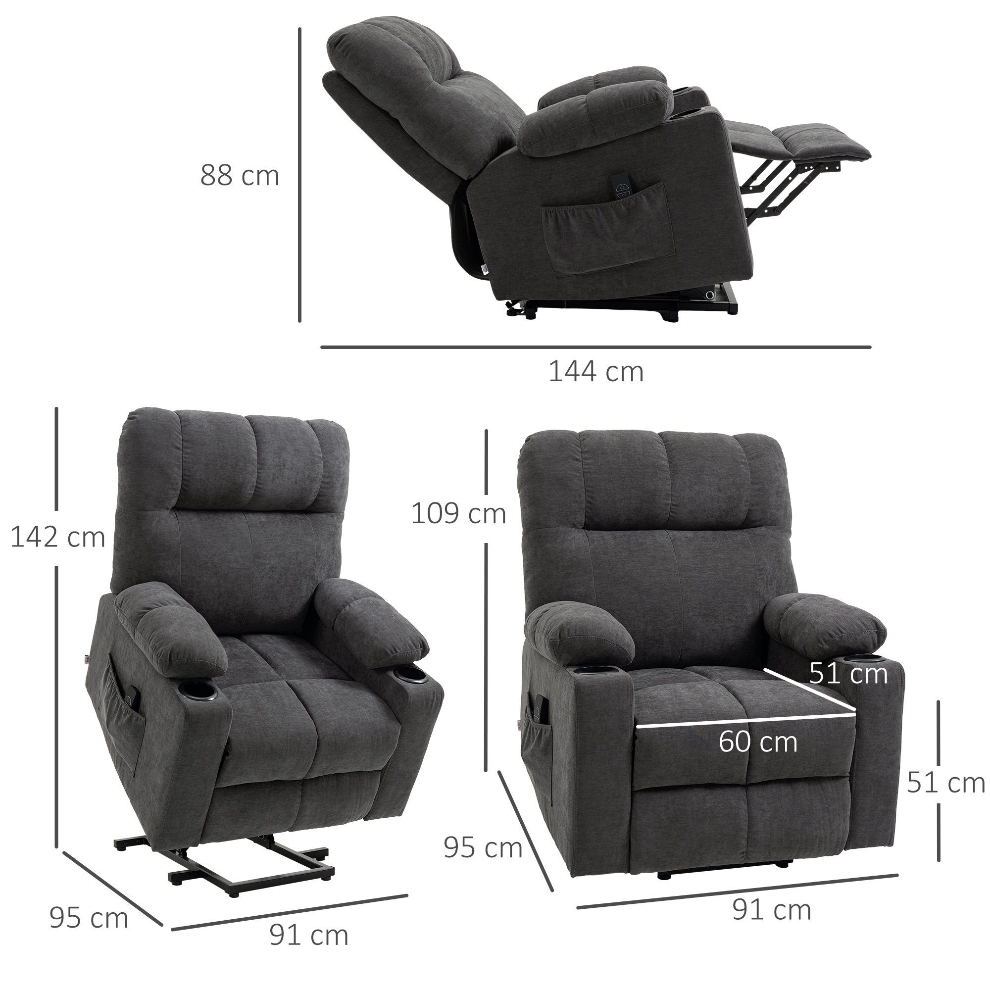 HOMCOM Relaxsessel Sessel mit Aufstehhilfe, Heizfunkton, 1-St., Massagefunktion Aufstehsessel), Kinosessel 109 (Fersehsehsessel, 95 x mit Elektrischer 91 Dunkelgrau mit cm x
