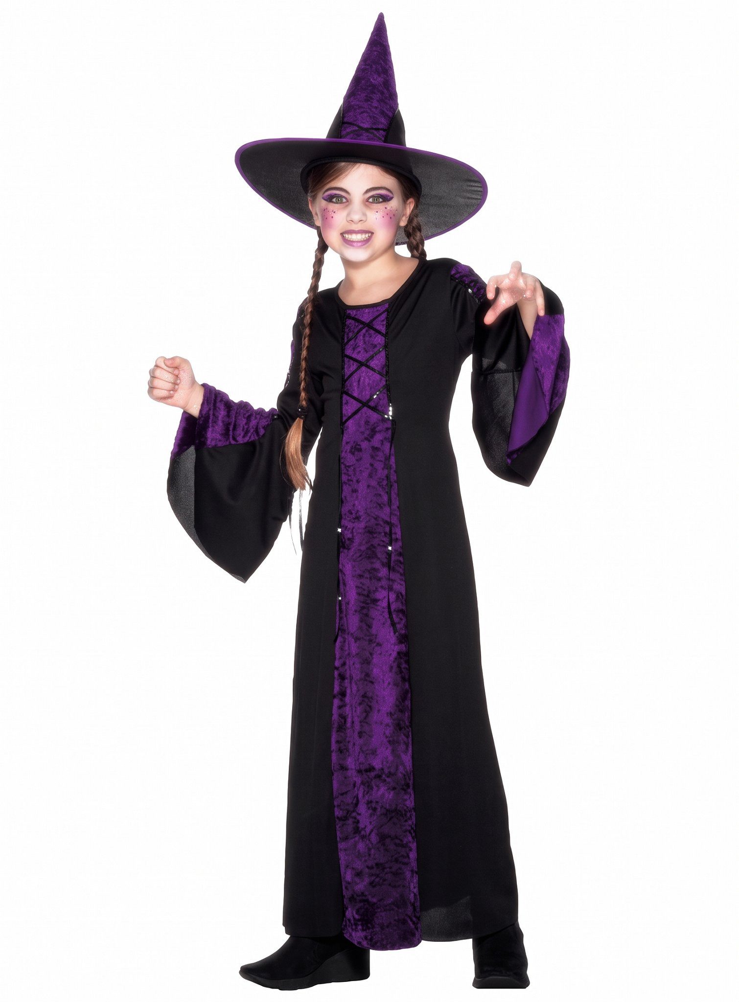 Smiffys Hexen-Kostüm Düstere Hexe - Halloween Kostüm Kinder Mädchen, Bodenlanges Halloweenkostüm mit Hexenhut für Mädchen