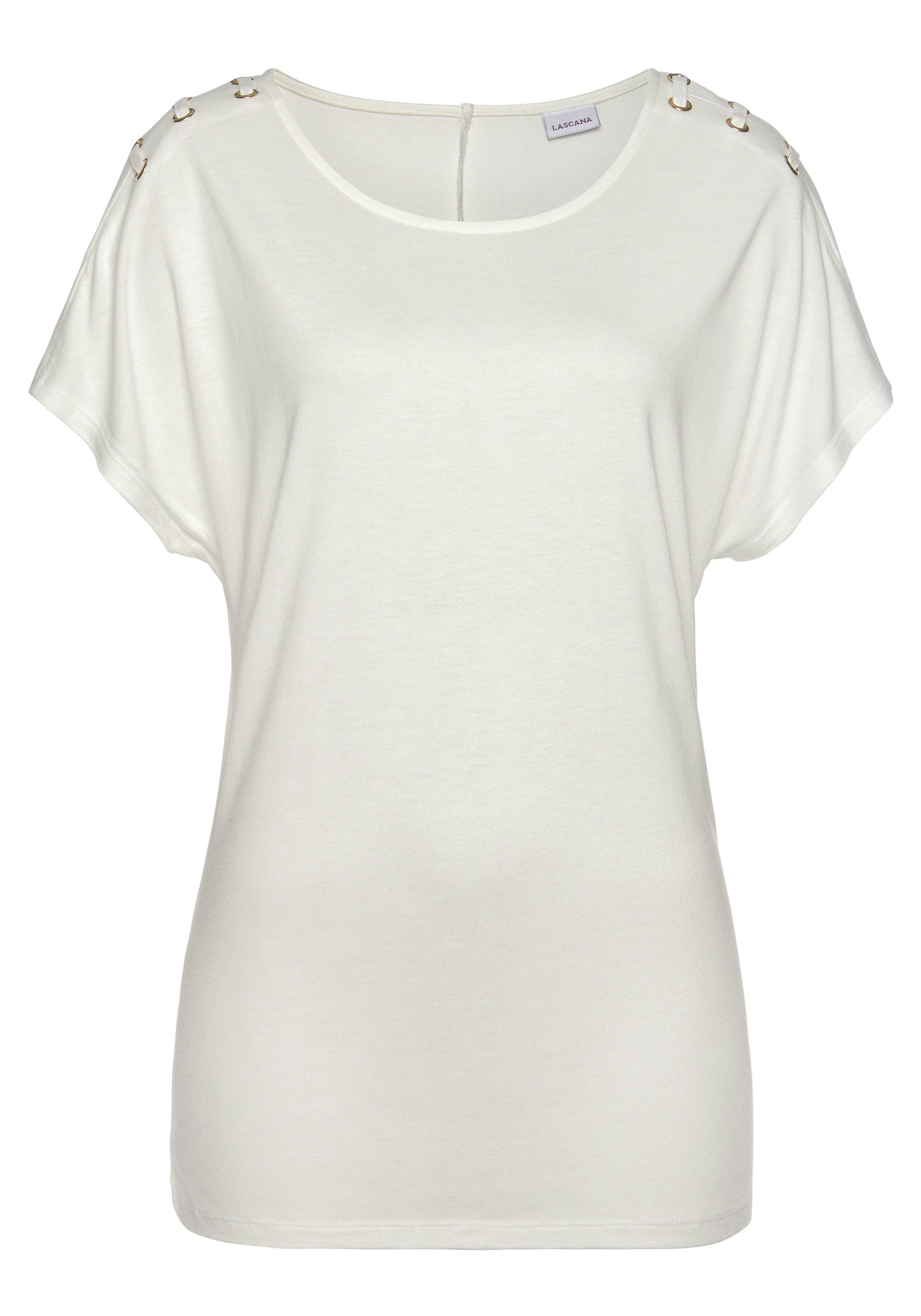 LASCANA Kurzarmshirt mit Schnüroptik auf den Schultern, T-Shirt, weiche Jerseyqualität. € 26,99