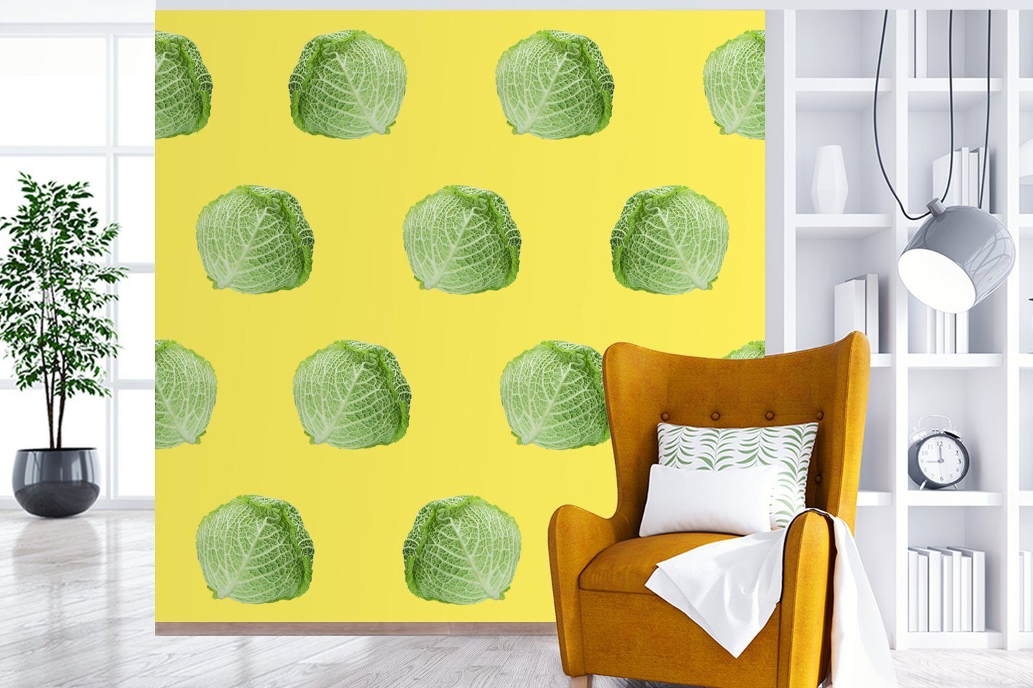 Muster (5 Wandtapete Gelb, Matt, oder bedruckt, Tapete Schlafzimmer, - Vinyl - Fototapete für St), Gemüse Kopfsalat Wohnzimmer MuchoWow -