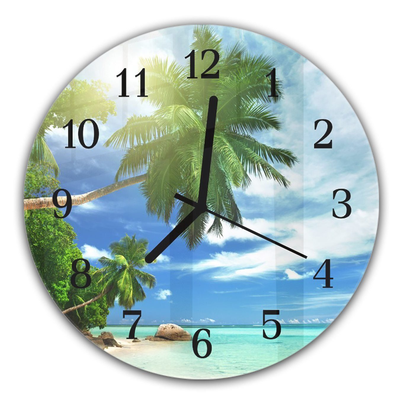 Primedeco Wanduhr Wanduhr aus Glas mit Motiv Palmen am Strand - Rund mit Durchmesser 30 cm und Quarzuhrwerk