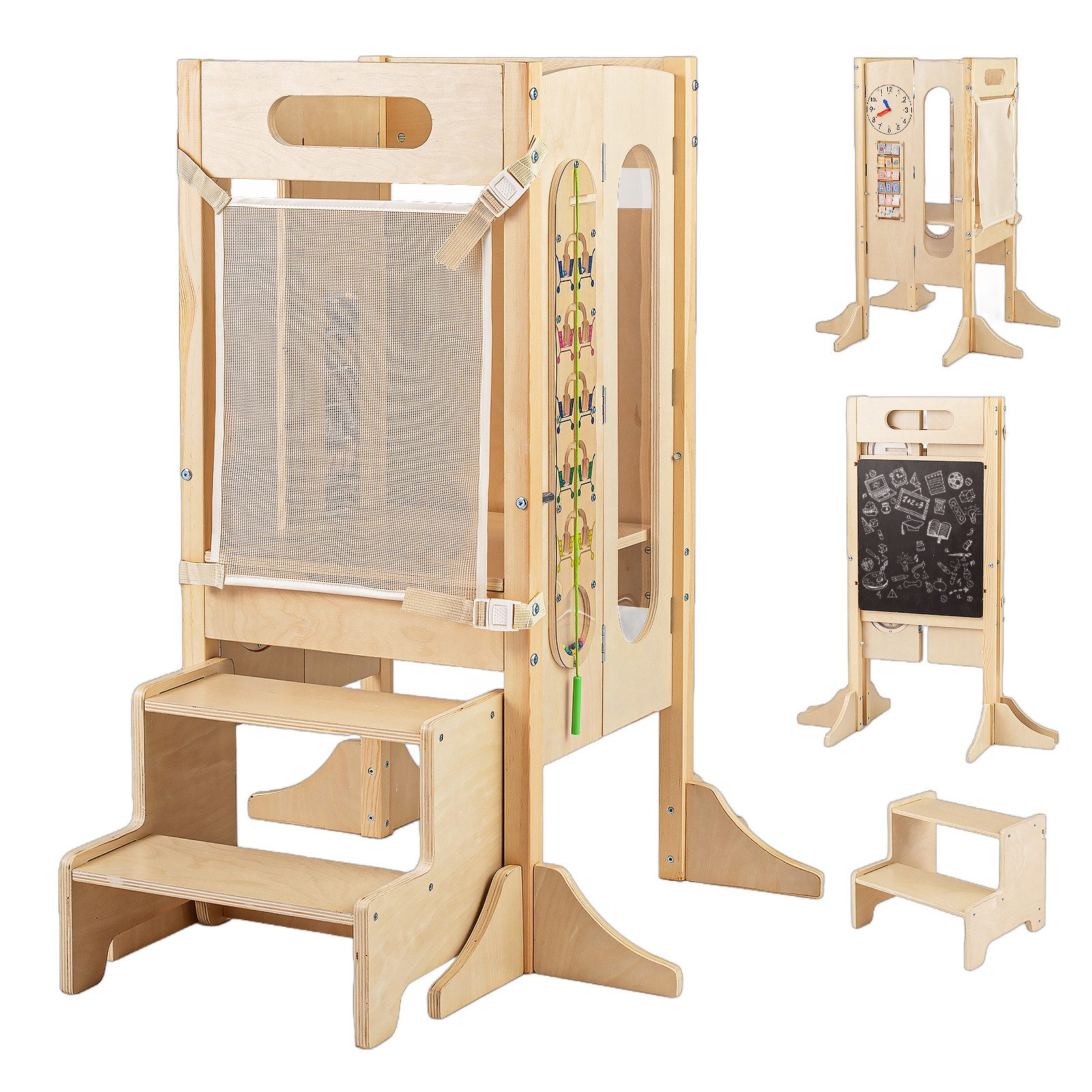 COSTWAY Tritthocker, 4 in 1 Lernturm klappbar mit 2-Stufen Hocker, Tafel