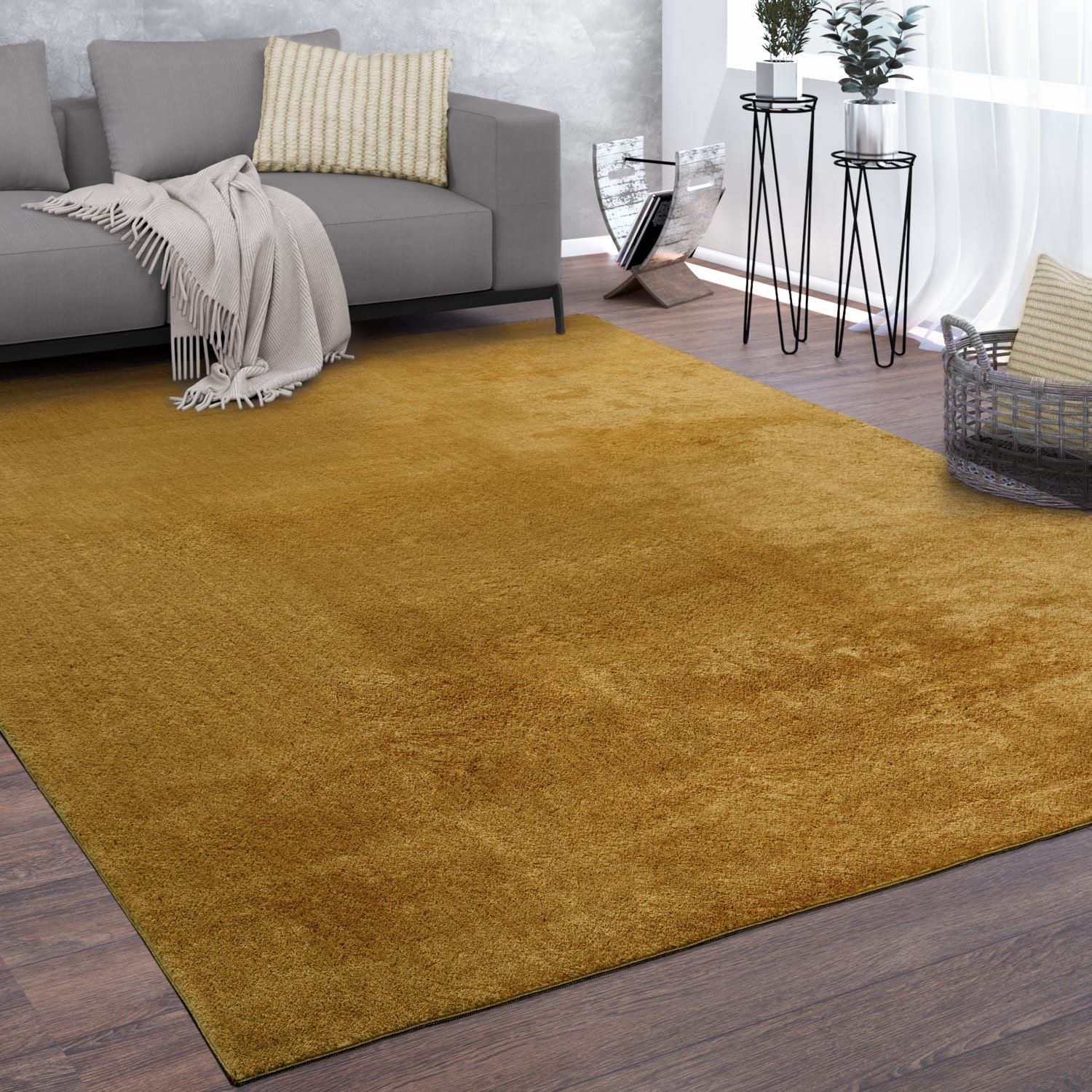 KADIMA DESIGN Teppich waschbar Unifarben Wohnzimmer schmutzabweisend Teppich Kurzflor, Läufer, Höhe: 14 mm, Florhöhe: 10 mm, 100% Polyester, Läufer, 80x150cm, Senf