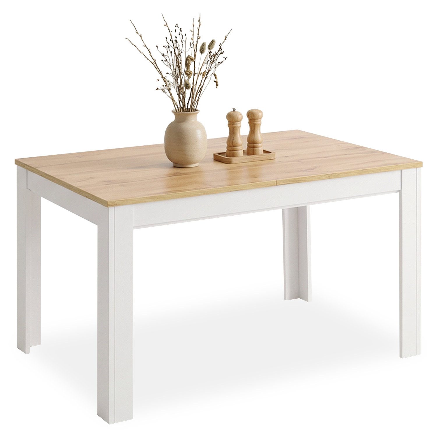 Homestyle4u Esstisch Esszimmertisch 86x135 bis 86x186 ausziehbar Holztisch Küchentisch Weiß, Esszimmertisch, Platte Wotan Eiche Optik