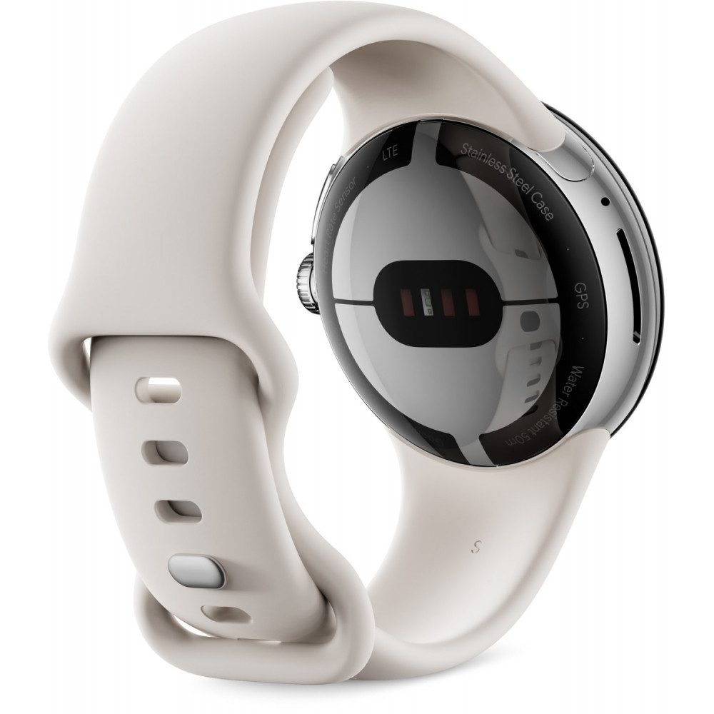 Google Google Pixel Watch WiFi Smartwatch poliertes Silber/Chalk Smartwatch (Android Wear Betriebssystem), Android Wear Betriebssystem, Wasserfest
