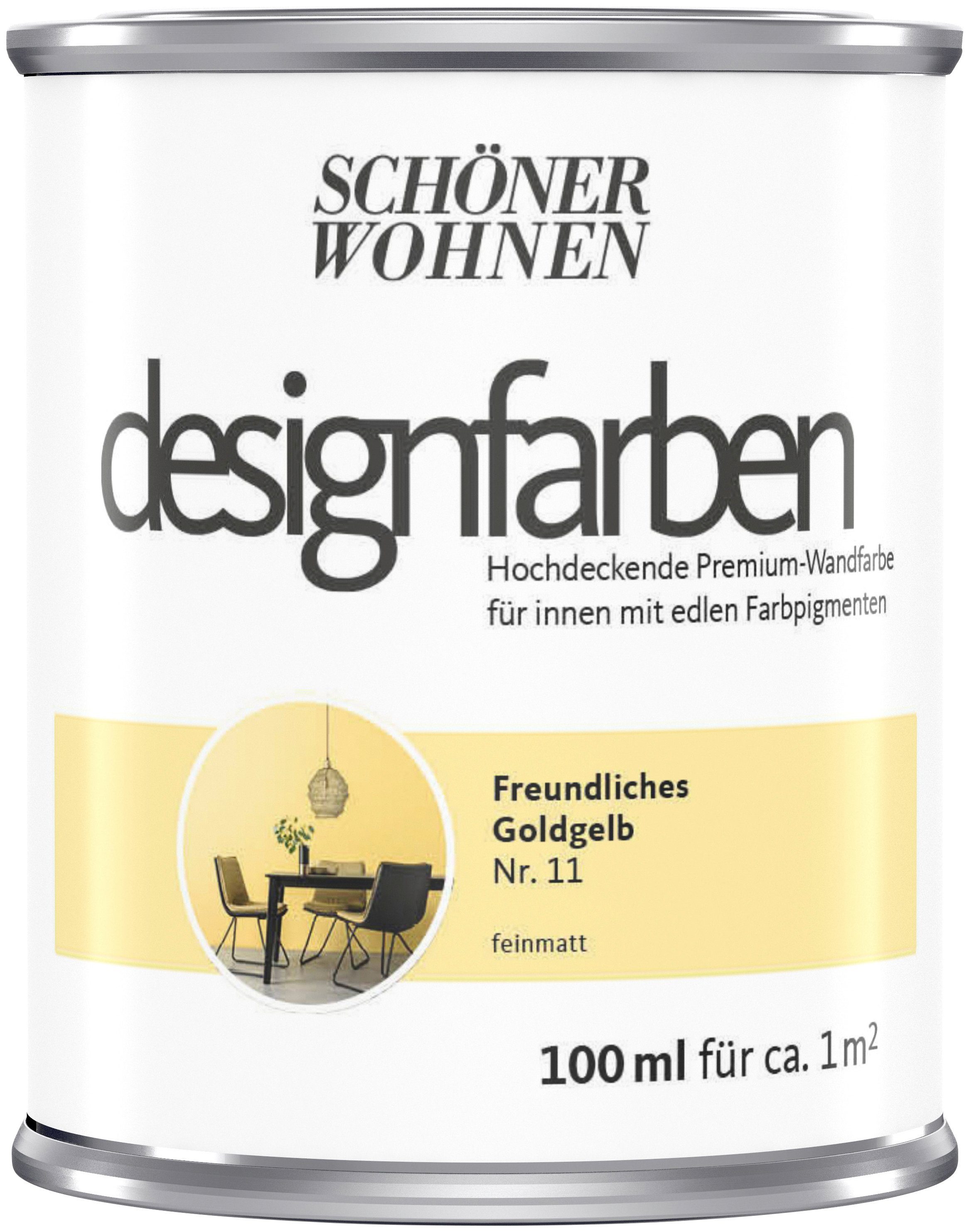 100 ml, Nr. Freundliches WOHNEN Goldgelb FARBE Wand- und 11, SCHÖNER Deckenfarbe Designfarben, hochdeckende Premium-Wandfarbe
