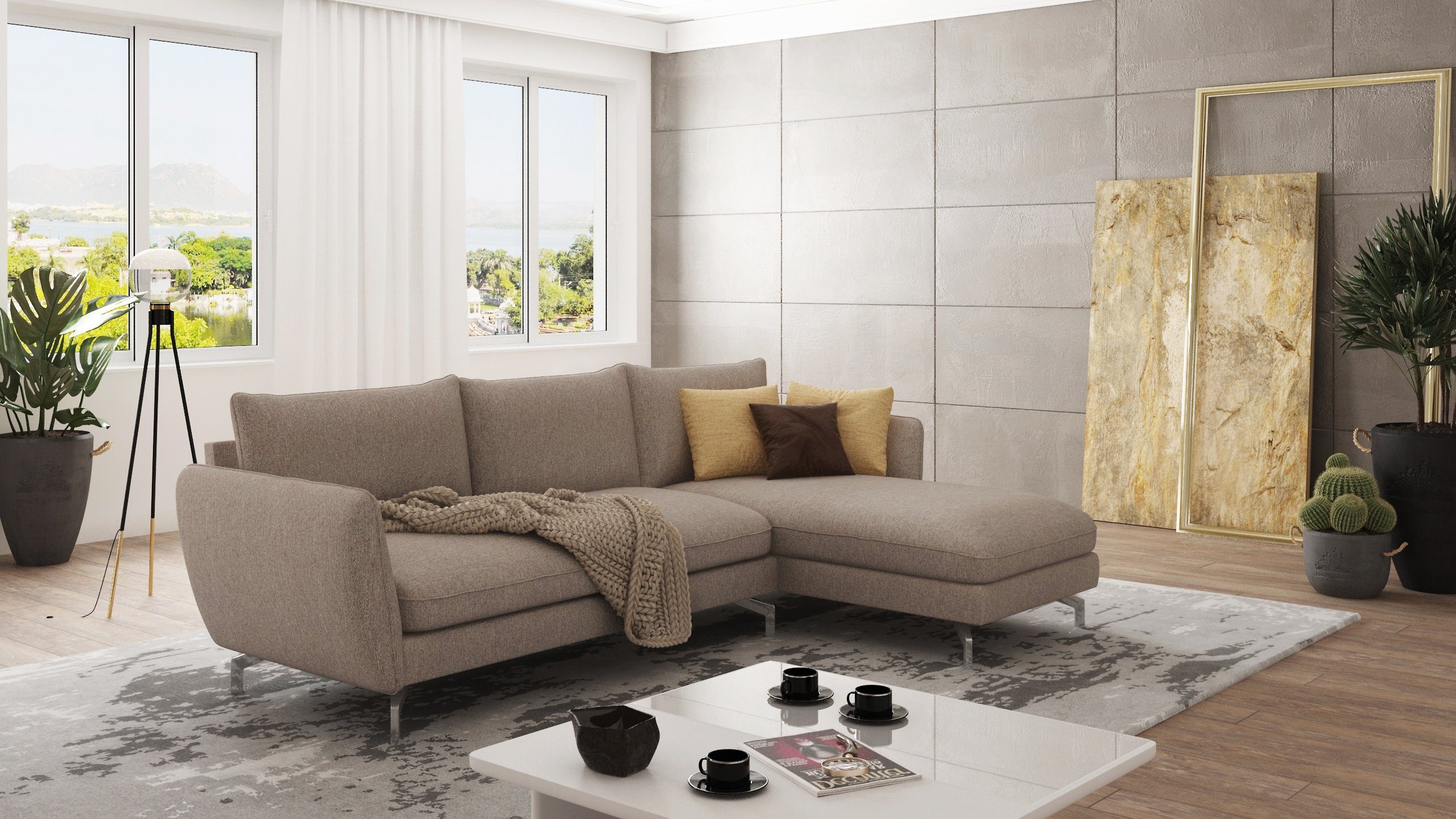 S-Style Möbel Ecksofa Modernes mit mane Benita mit Silber Metall Füßen, mane links oder rechts bestellbar, mit Wellenfederung Dunkelbeige