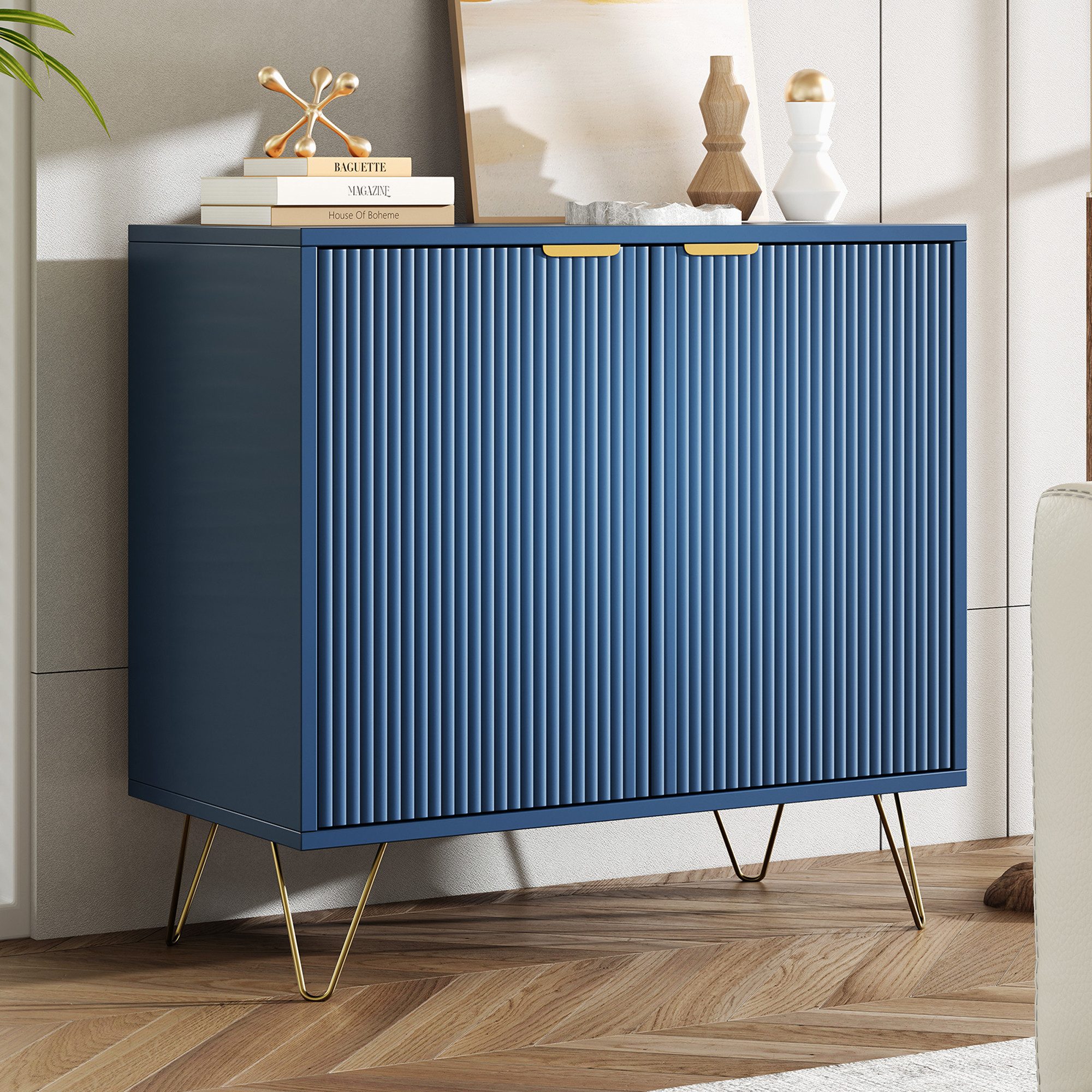 zebery Kommode Sideboard Holz Mit rutschfesten Tischbeinen und Kippschutzvorrichtung (Set, 1 St), 80x78x40 cm,1er-Packung,Metallgriffe und Stützbeine,Blau