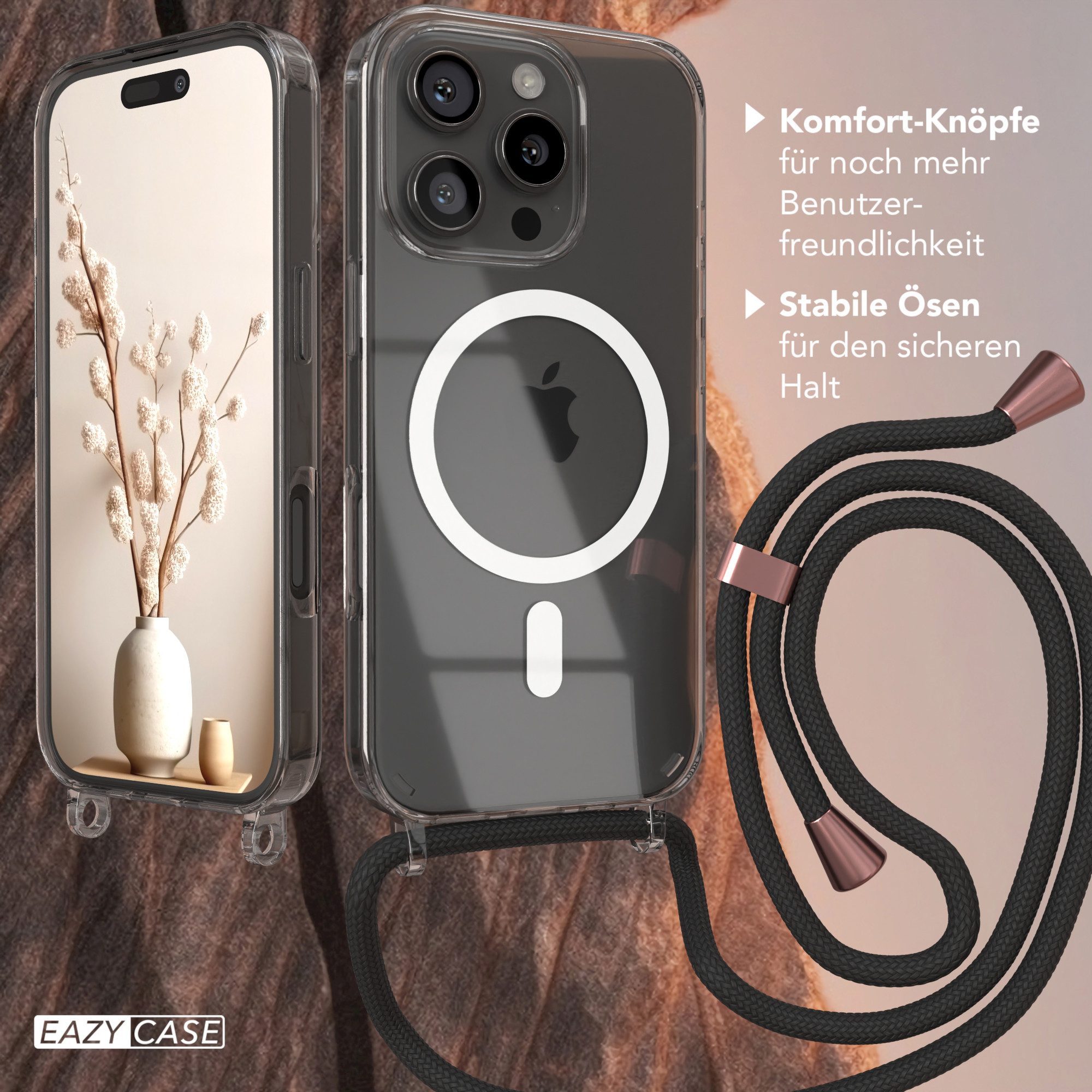EAZY CASE Handykette mit Magsafe Hülle für Apple iPhone 16 Pro 6,3 Zoll, Umhängetasche für Handy Silikoncase Handyhülle durchsichtig Rose