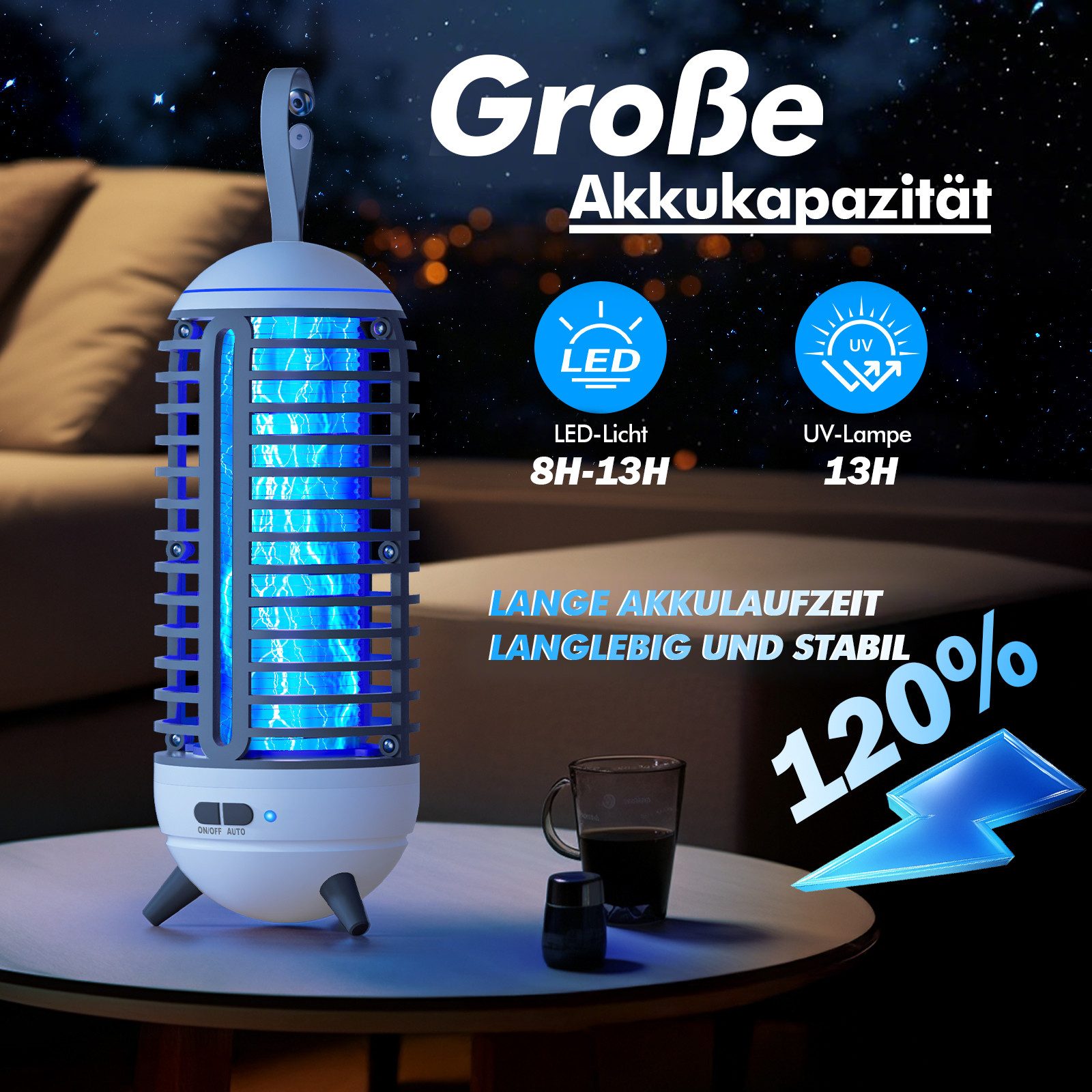 ANYSUN Insektenvernichter Elektrisch, Mückenlampe Mit LED-Licht, 2500mAh Akku Moskito Killer, Fliegenfalle Mückenfalle für Innen, Wasserdicht