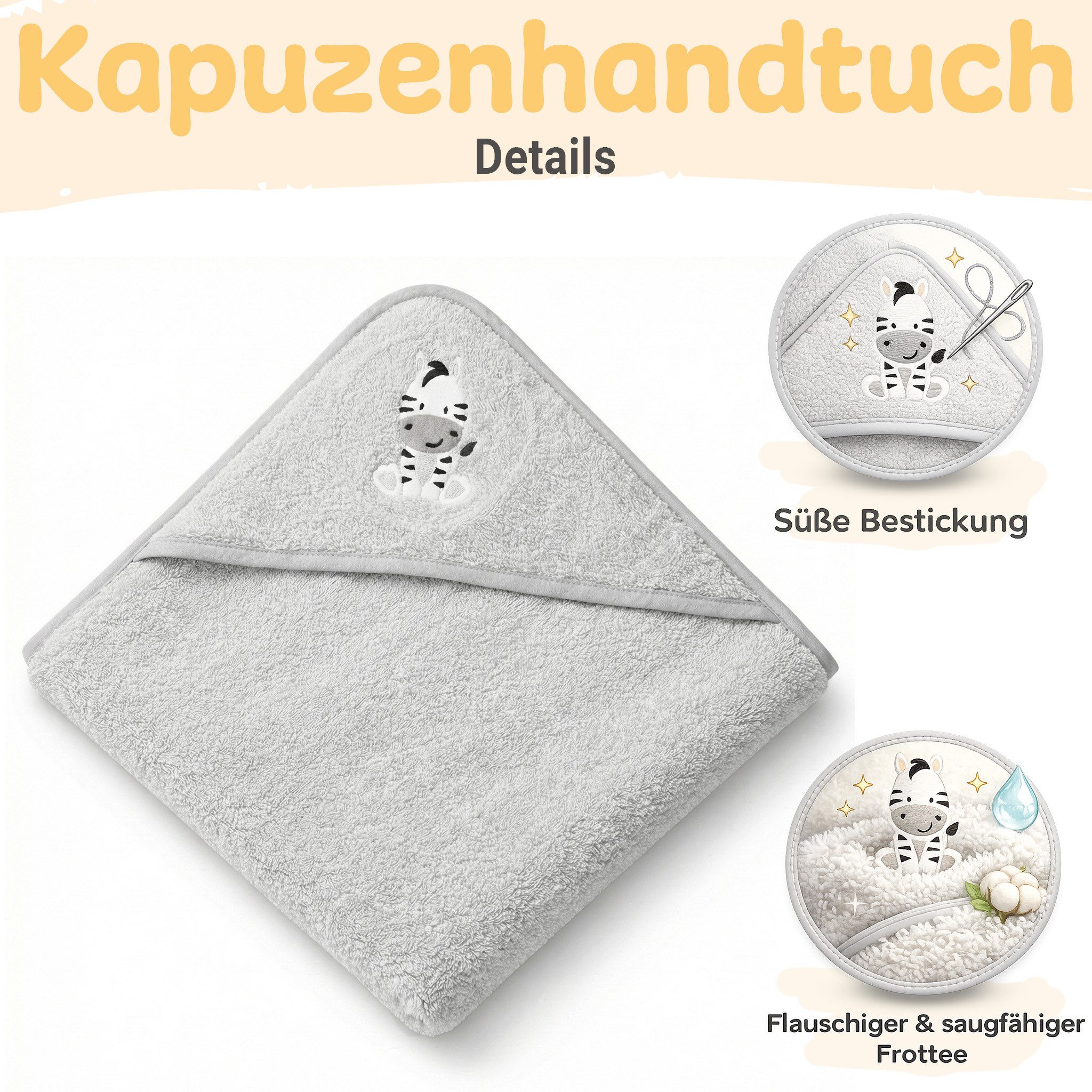 Babykajo Kapuzenhandtuch 80x80 - 100x100 cm, Frottee (3-St), Kuschliges Baby Handtuch mit Waschlappen